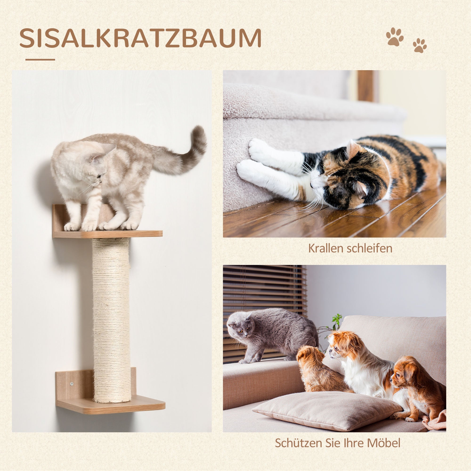 Logidon cat wall set light brown with scratching post, stairs and hammock