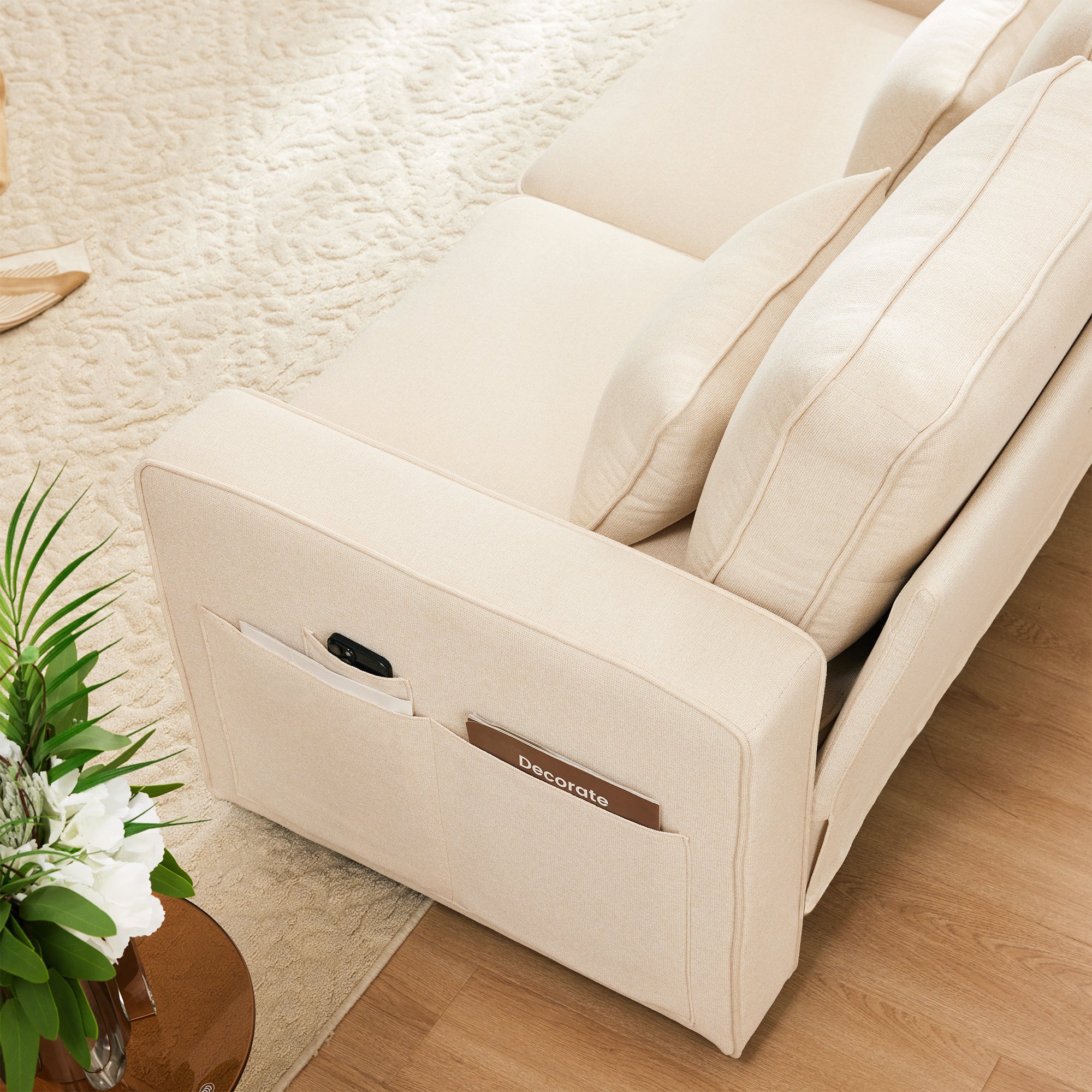 Logidon Modern 4 Seater Sofa Made of Beige Linen Fabric with Console