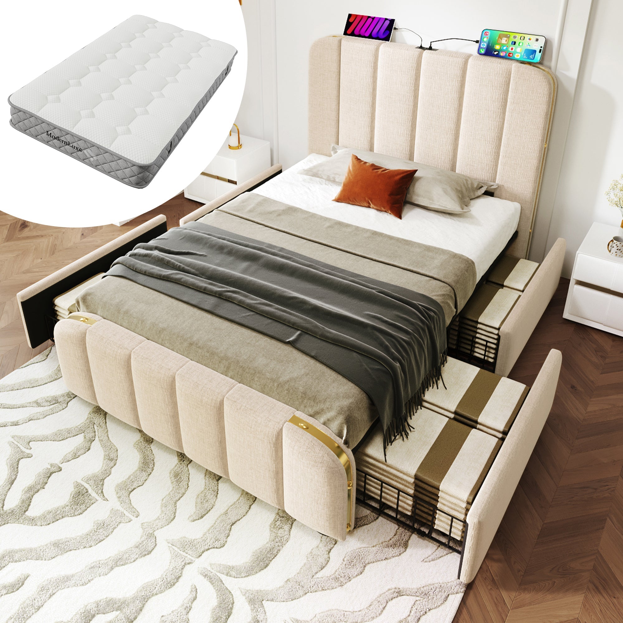Logidon gestoffeerd bed 90x200 beige USB Type C oplaadfunctie 4 lades