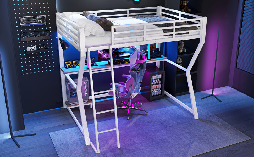 Logidon loft bed 90x200 with LED lighting and computer console white