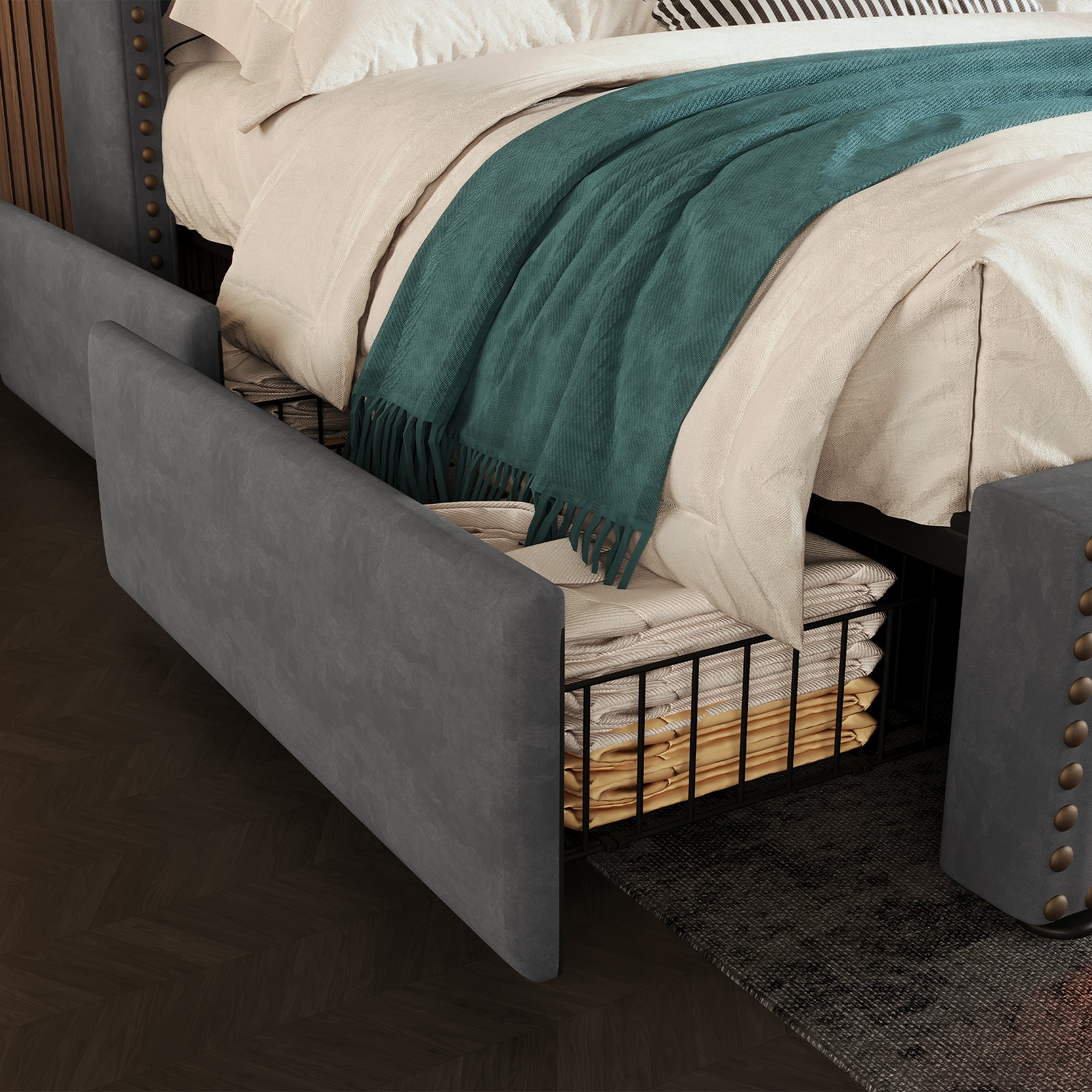Logidon gestoffeerd bed 140x200 fluweelgrijs met 4 oplaad-LED-lampjes USB C