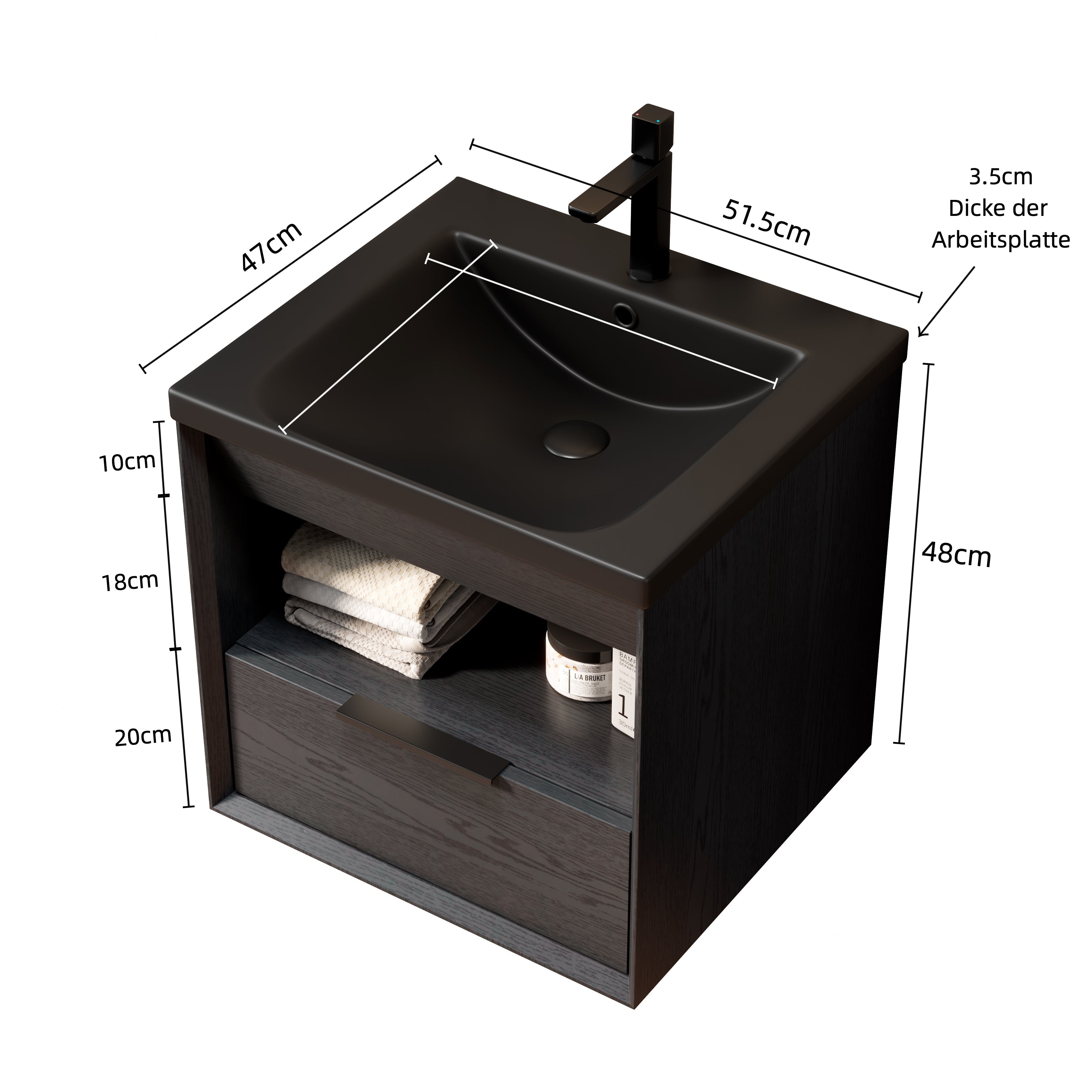 Logidon 51 cm zwevende badkamermeubel met keramische wastafel zwart