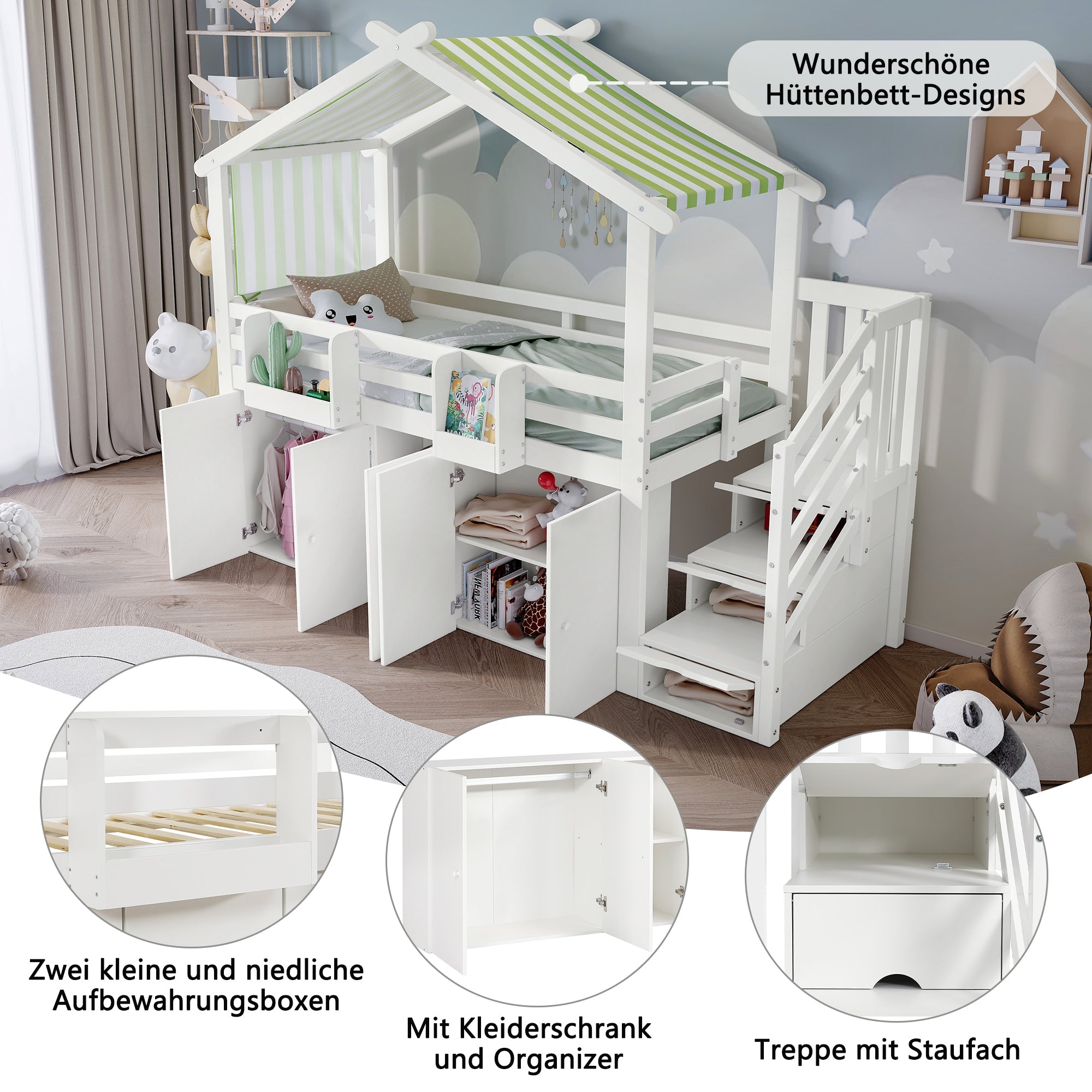 Logidon Kinderstapelbed 90x200 cm witgroen met kledingkast