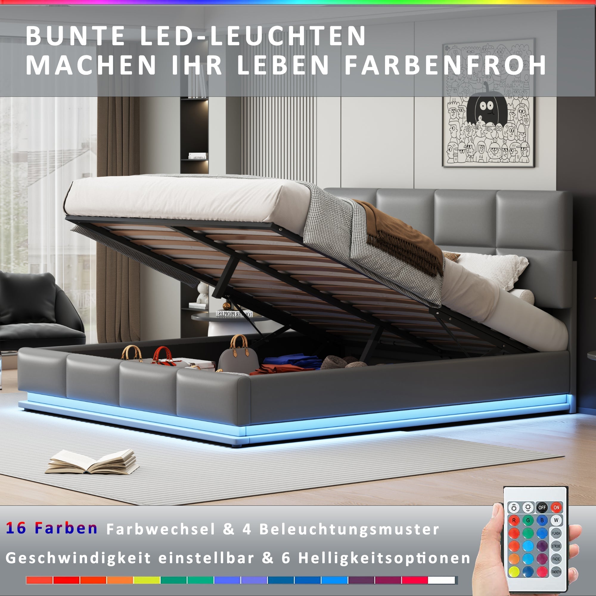 Logidon gestoffeerd bed 180x200 cm LED verlichting hydraulische bedbox cementgrijs