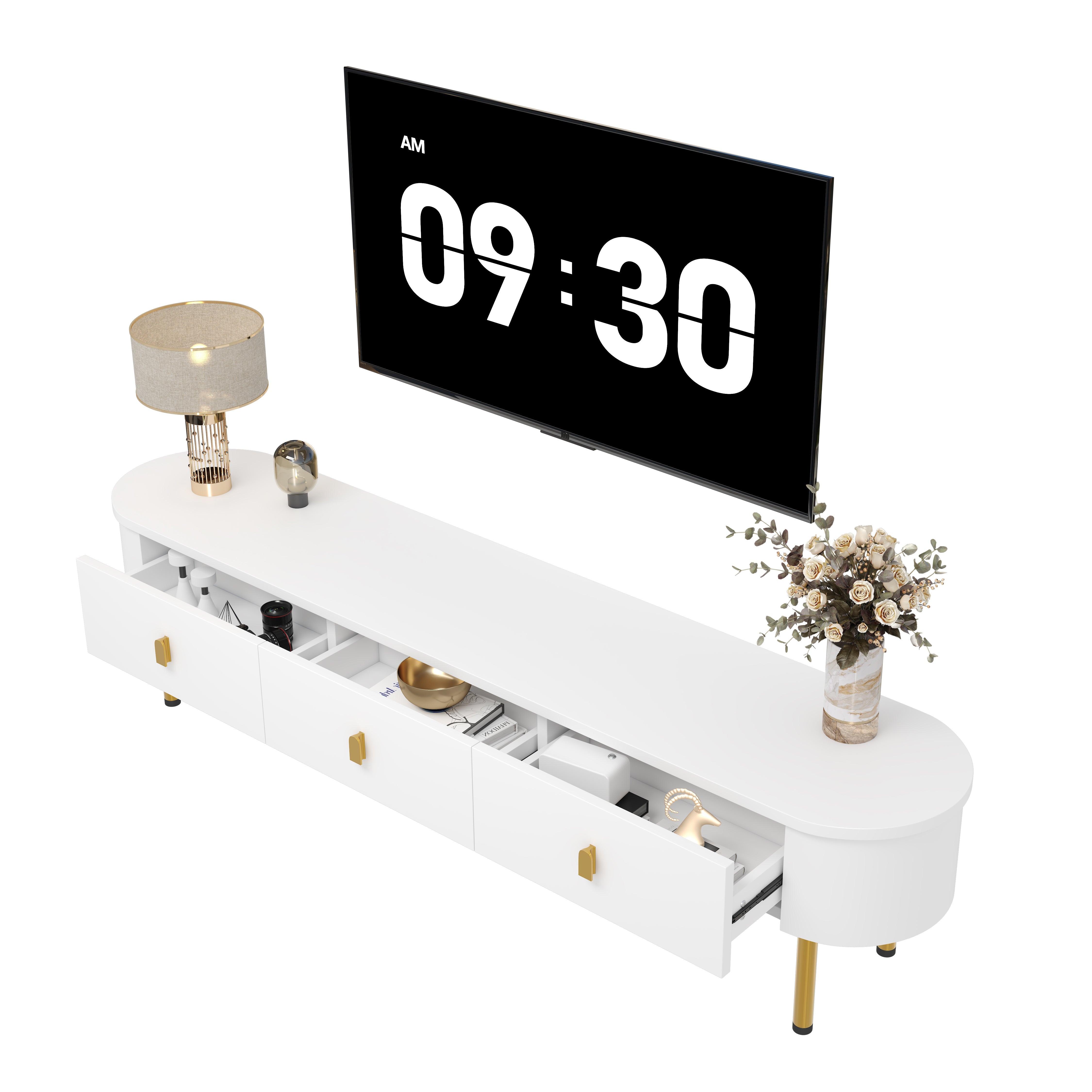 Logidon lowboard tv-meubel 174 cm wit glanzend met gouden handgrepen