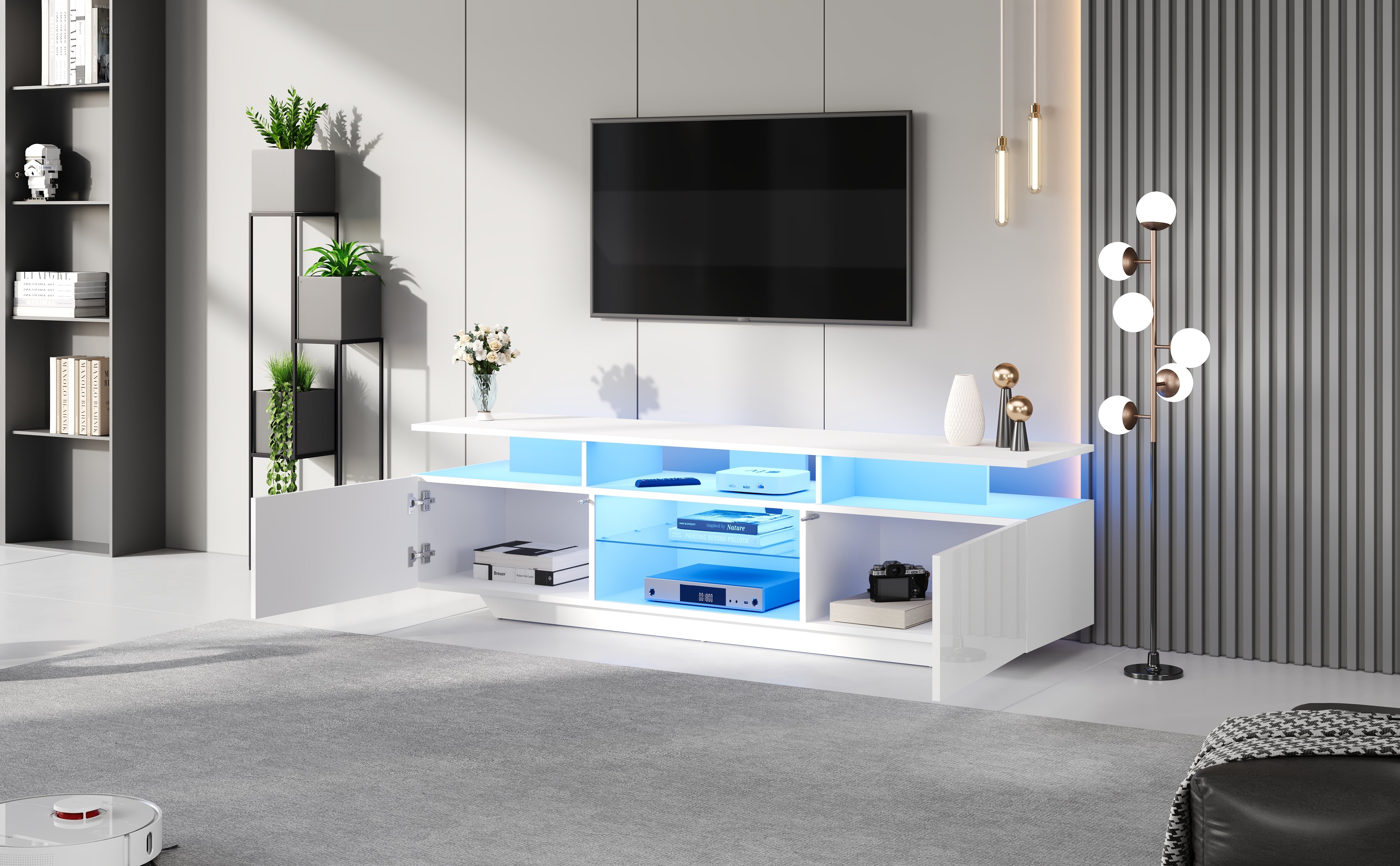 Logidon TV-meubel hoogglans wit 160 x 40 x 45 cm met LED lichtstrip glasplanken
