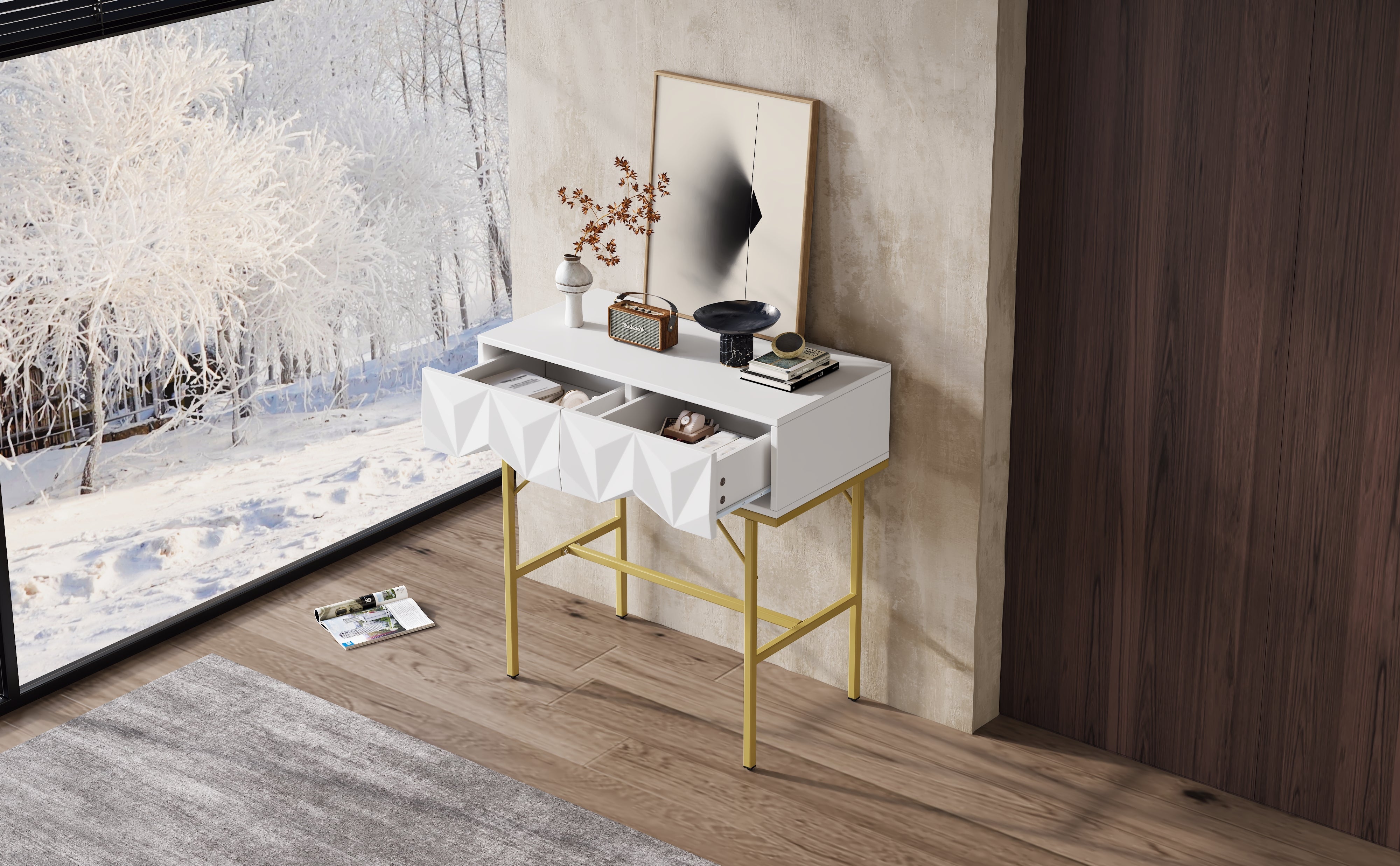 Logidon Modern Console Table White Golden Legs Geometric Loading Compartment