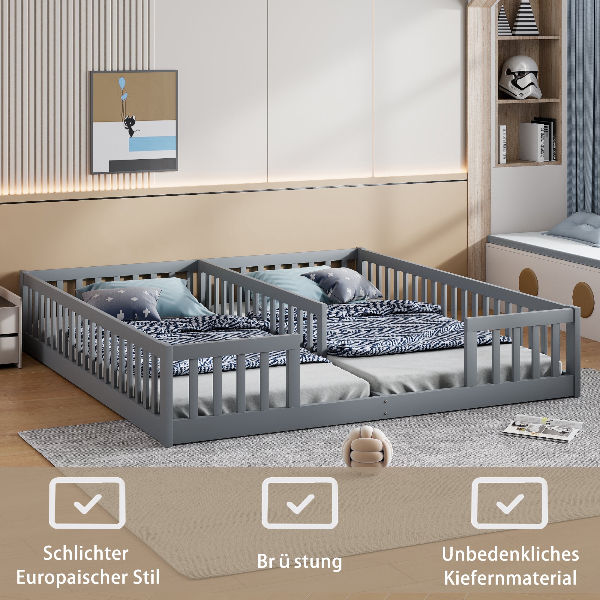 Logidon gestoffeerd bed 90x200 grijs met veiligheidsrailing lattenbodem