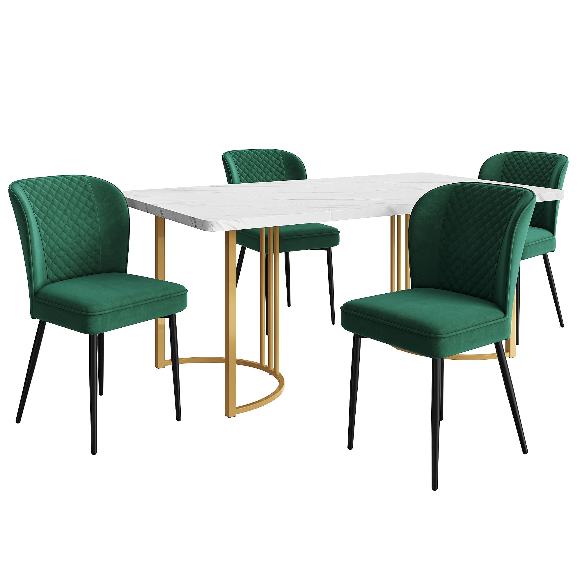 Logidon eetgroepset 5 stuks donkergroene fluwelen stoelen witte MDF tafel