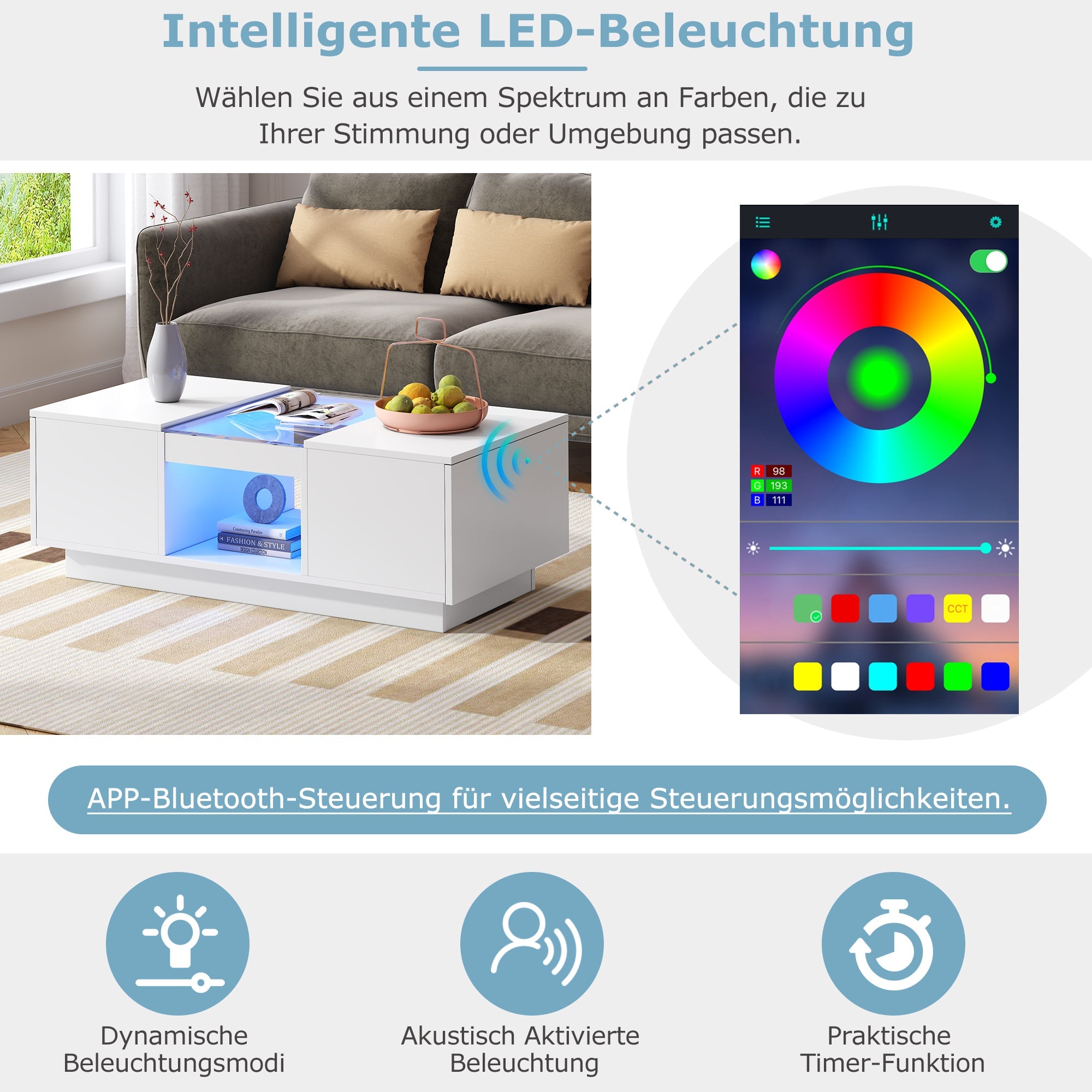 Logidon Witte Salontafel 100x50x35,5 cm Met Glazen Paneel LED