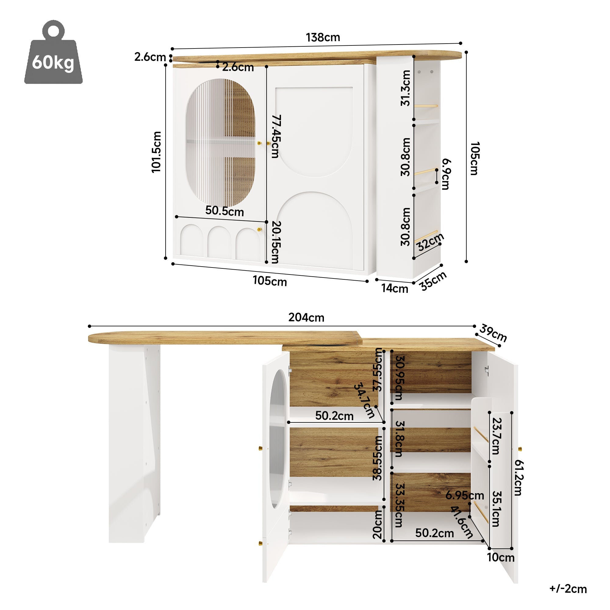 Logidon 360° Draaibare Bartafel Keukeneiland Wit Zwart Met Opbergruimte