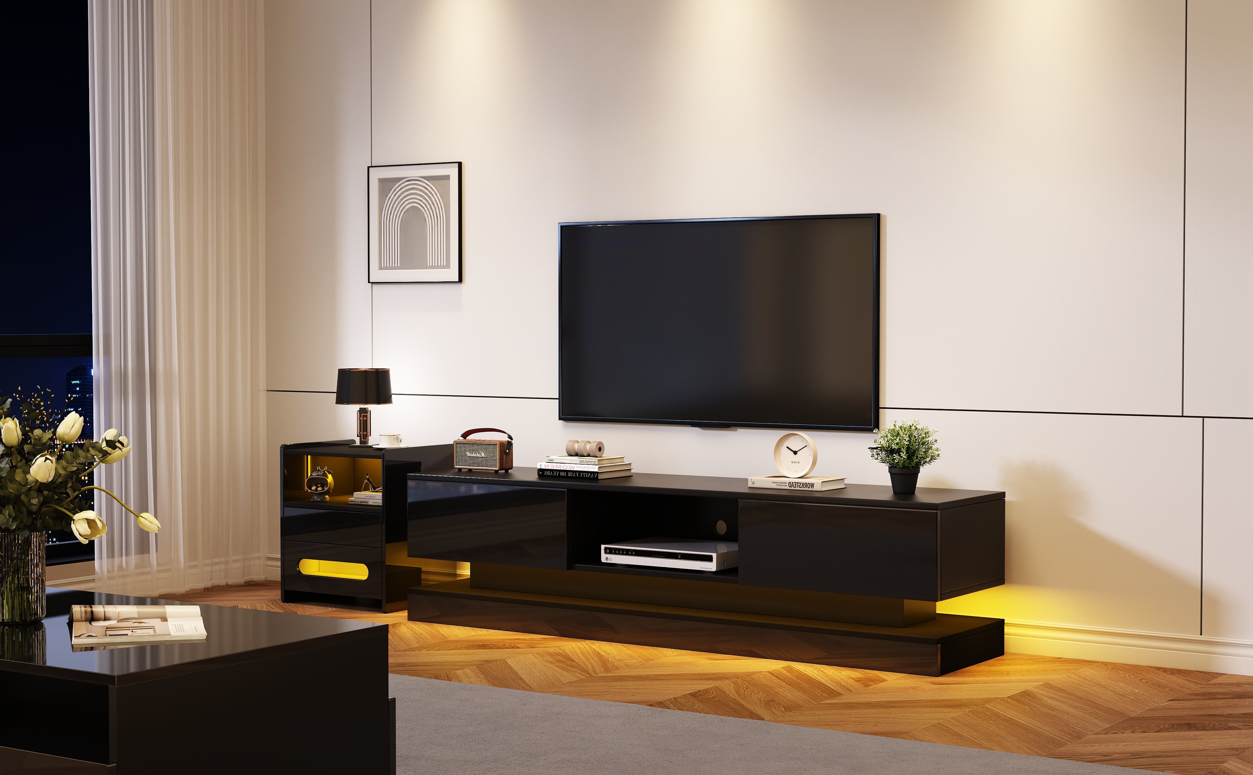 Logidon Zwart Hoogglans TV-meubel 160 CM Met LED 2 Laden