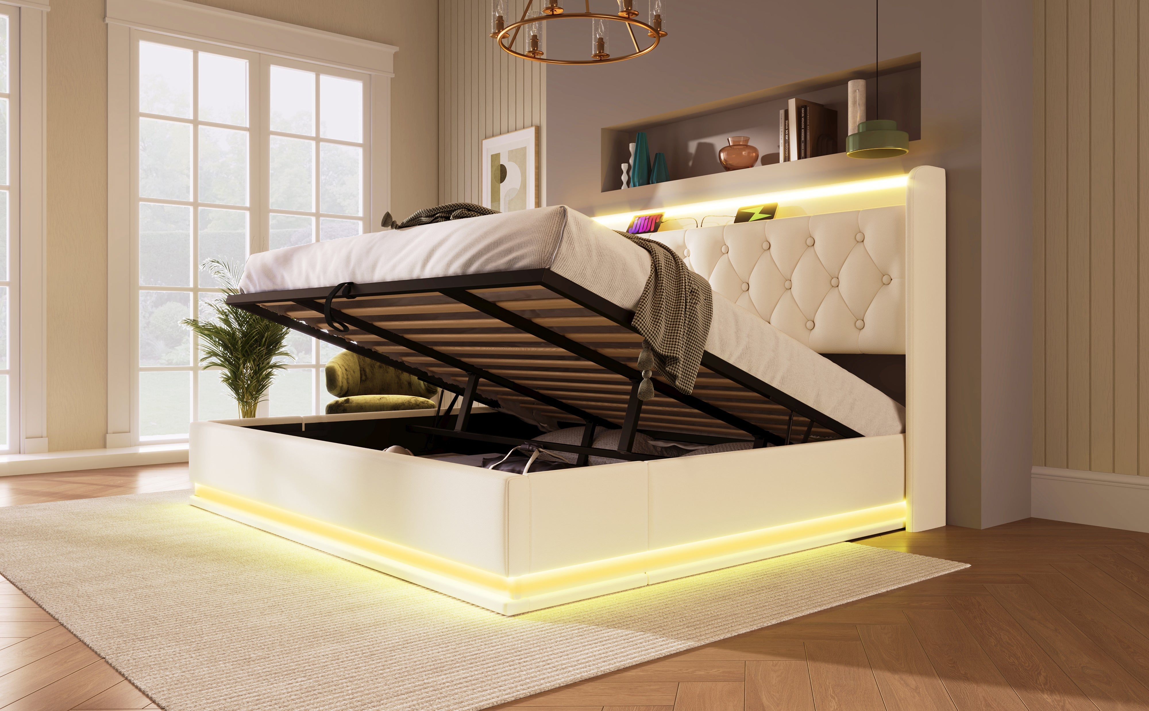 Logidon gestoffeerd bed tweepersoonsbed 180x200 cm wit PU, 360 surround LED