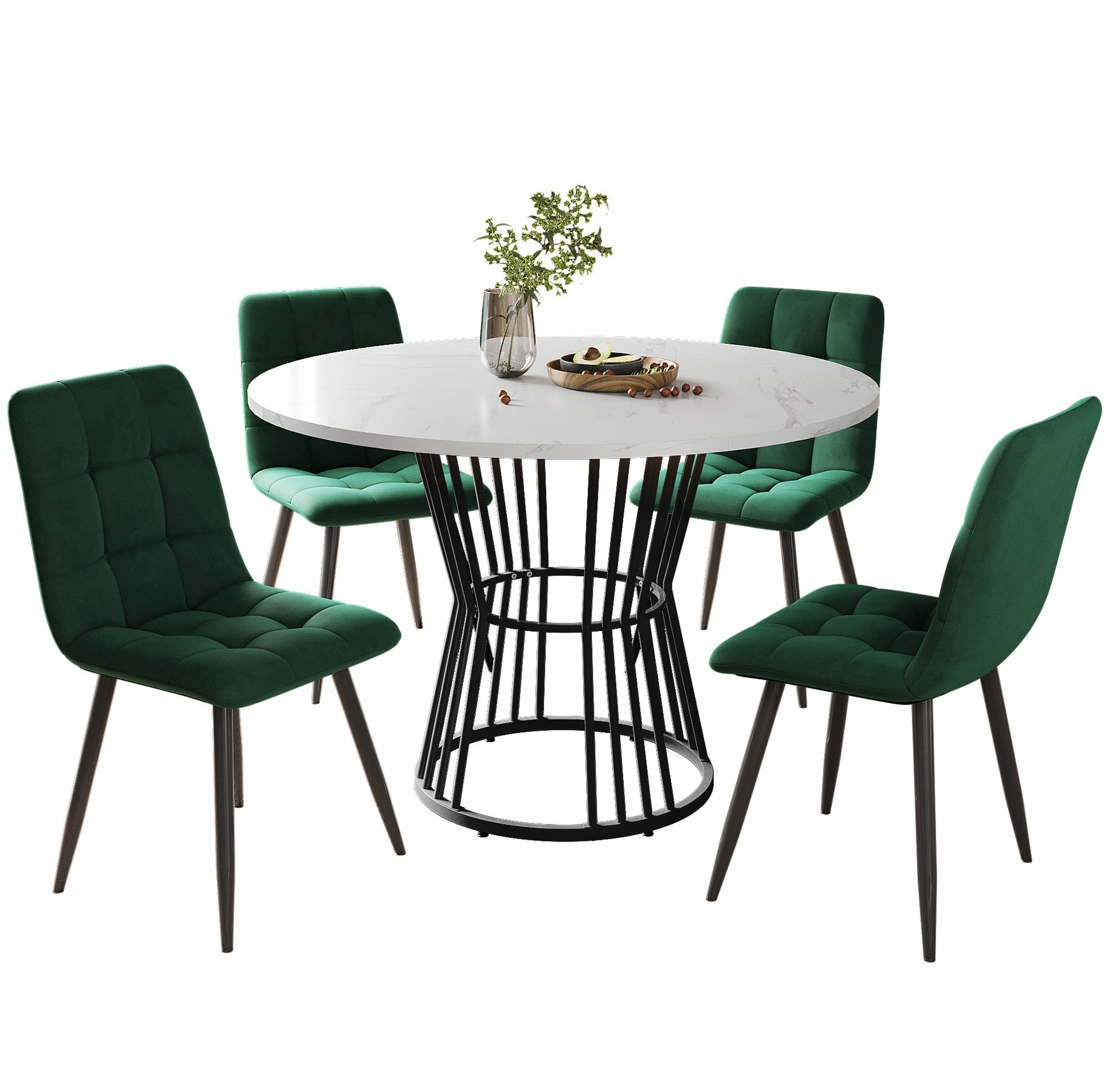 Logidon Eettafelset Rond 100 cm Wit MDF Tafelblad Groen Fluwelen Stoelen
