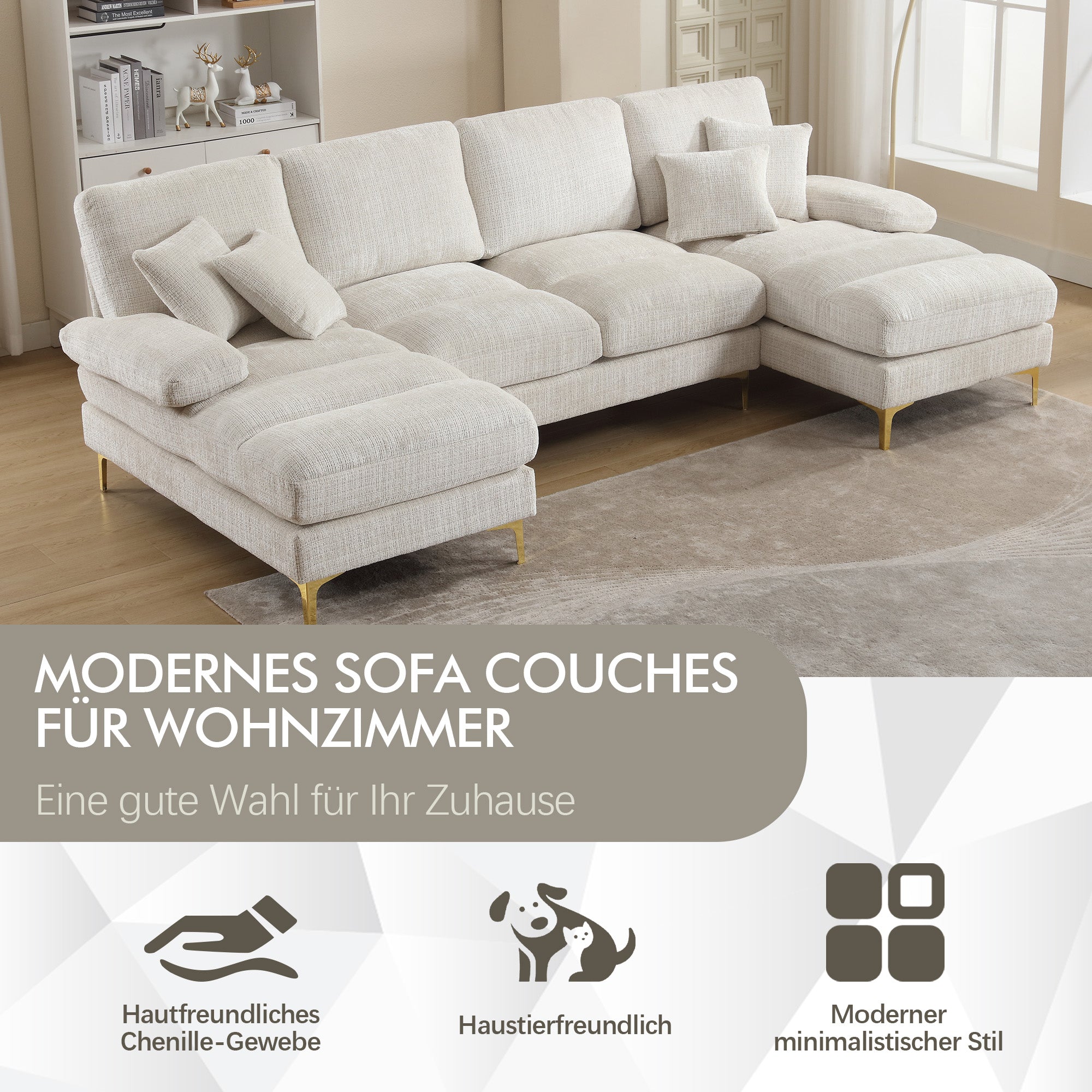 Logidon Modern Chenille U-Shape Sectional Sofa Beige Double Lounger