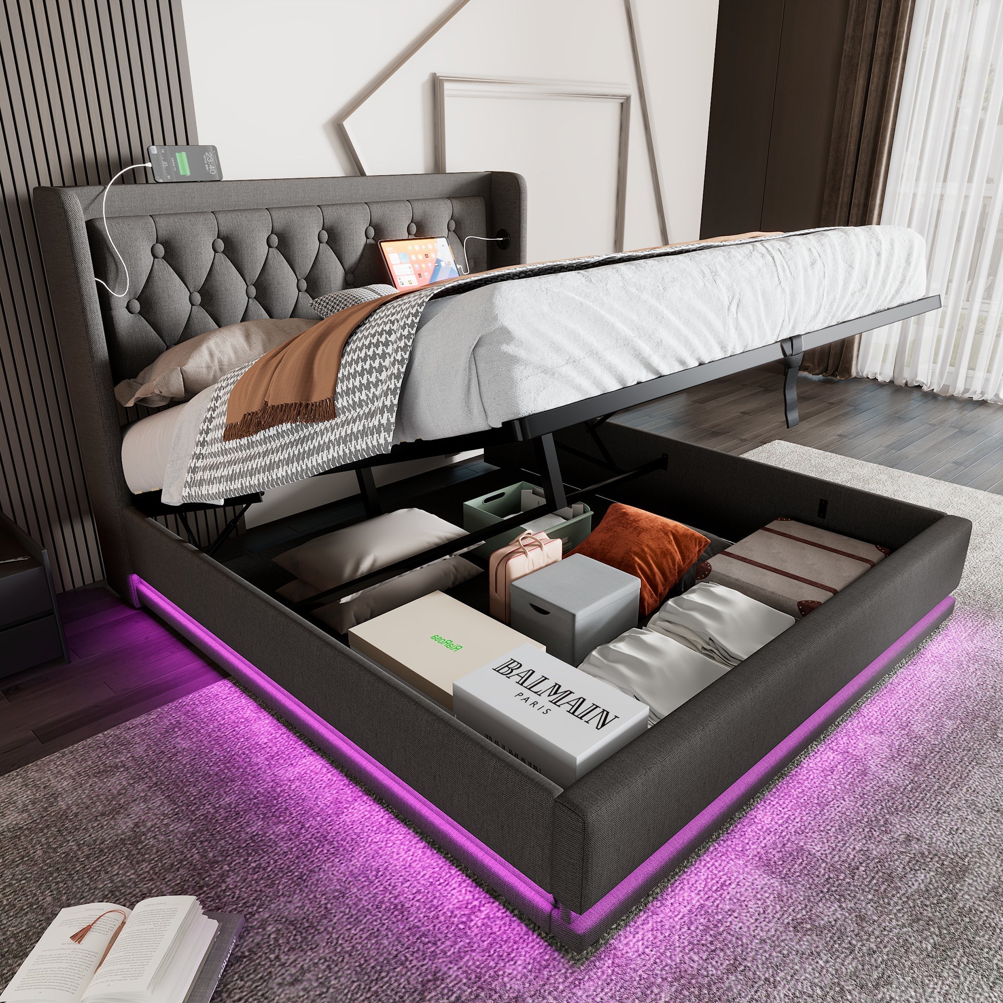 Logidon gestoffeerd bed 160x200 cm grijs fluweel opbergruimte USB-C oplaadfunctie