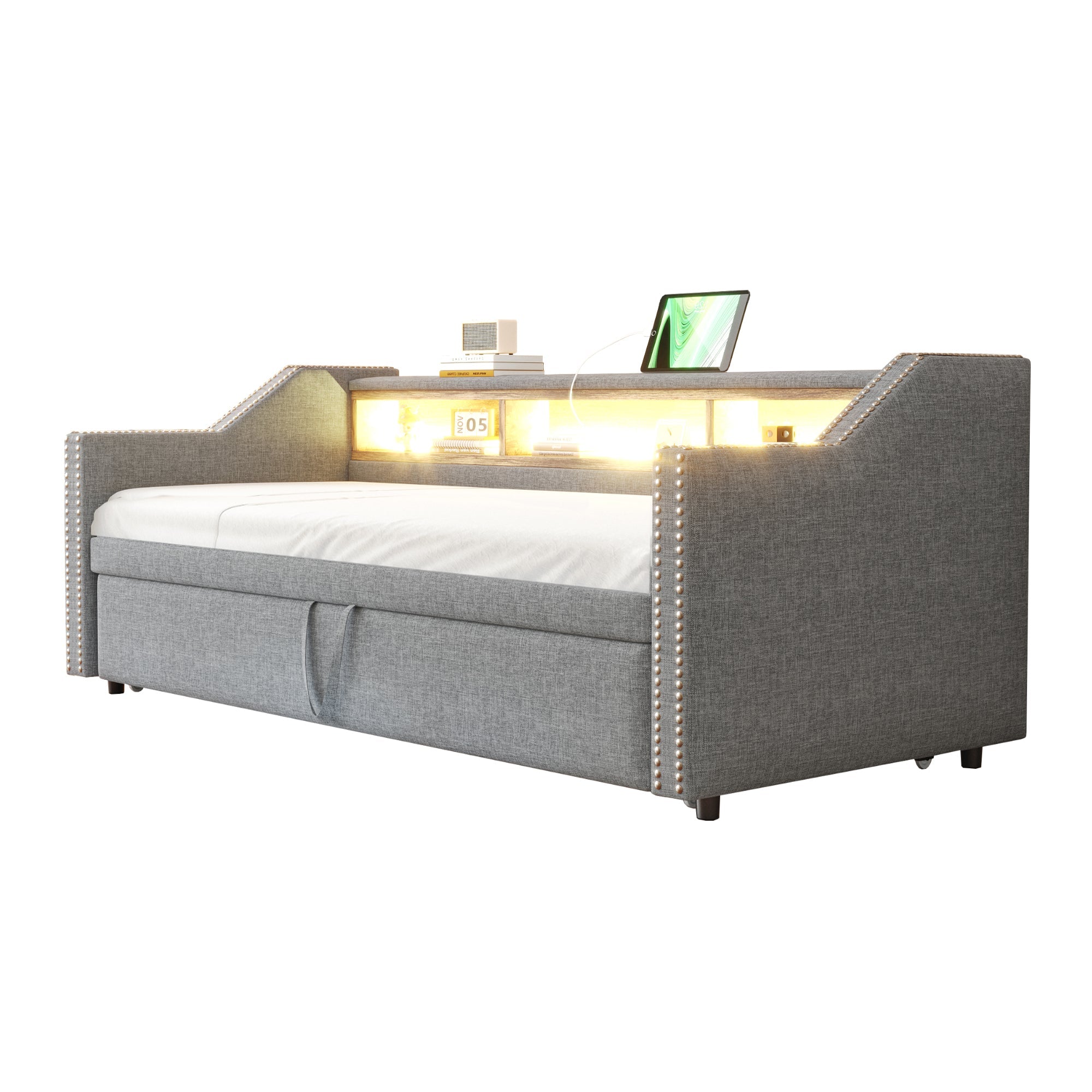 Logidon upholstered bed pull-out sofa bed 90/180 x 190 cm light gray storage compartment