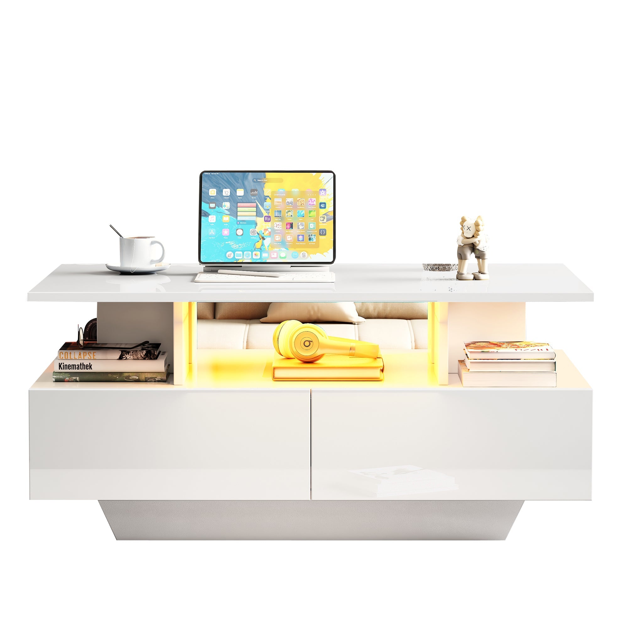 Logidon hoogglans salontafel LED, 2 lades, 90x55x41 cm wit