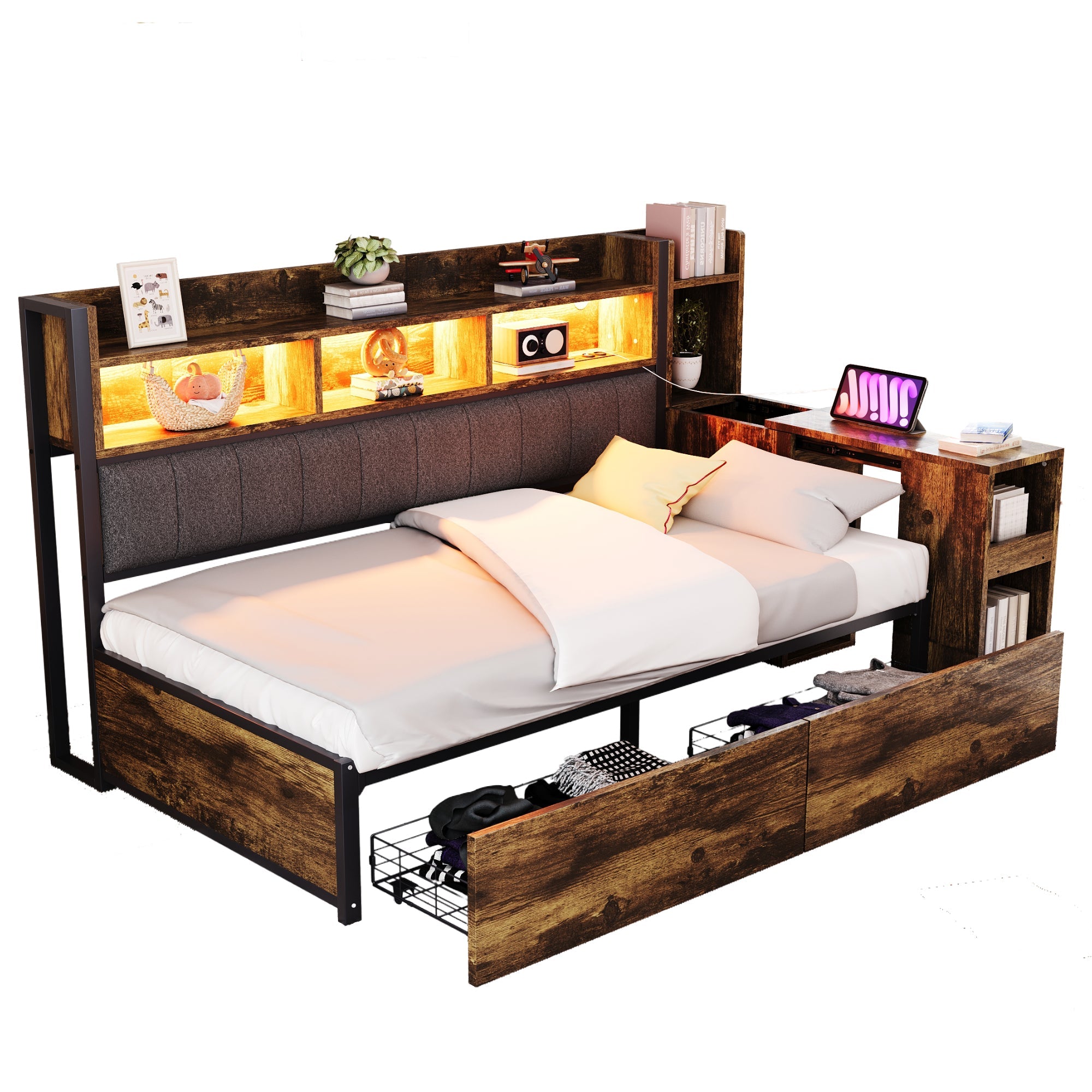 Logidon ijzeren slaapbank 90 x 200 cm houtlook opbergruimte LED