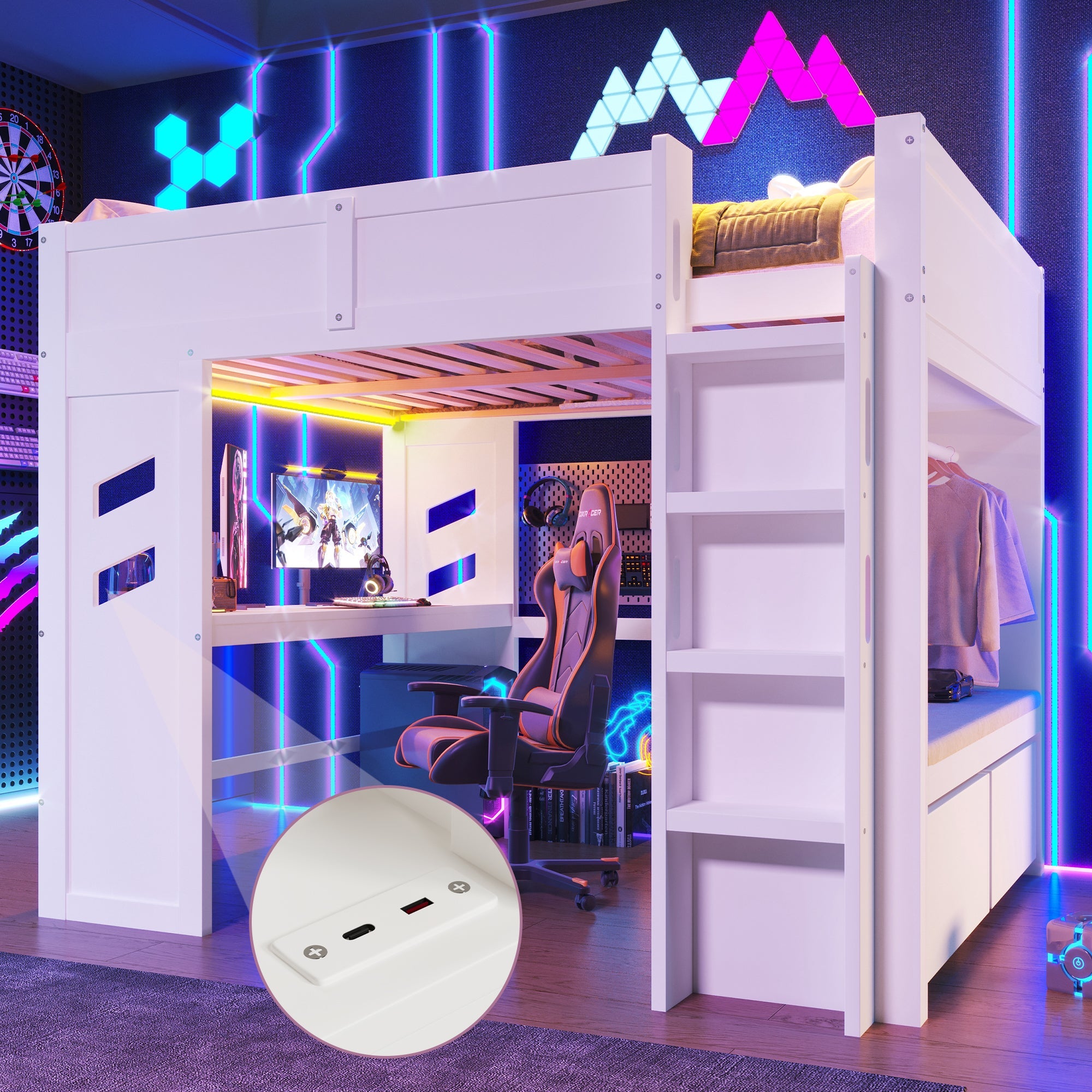 Logidon hoogslaper 140x200 cm wit gamingbed met bureau LED