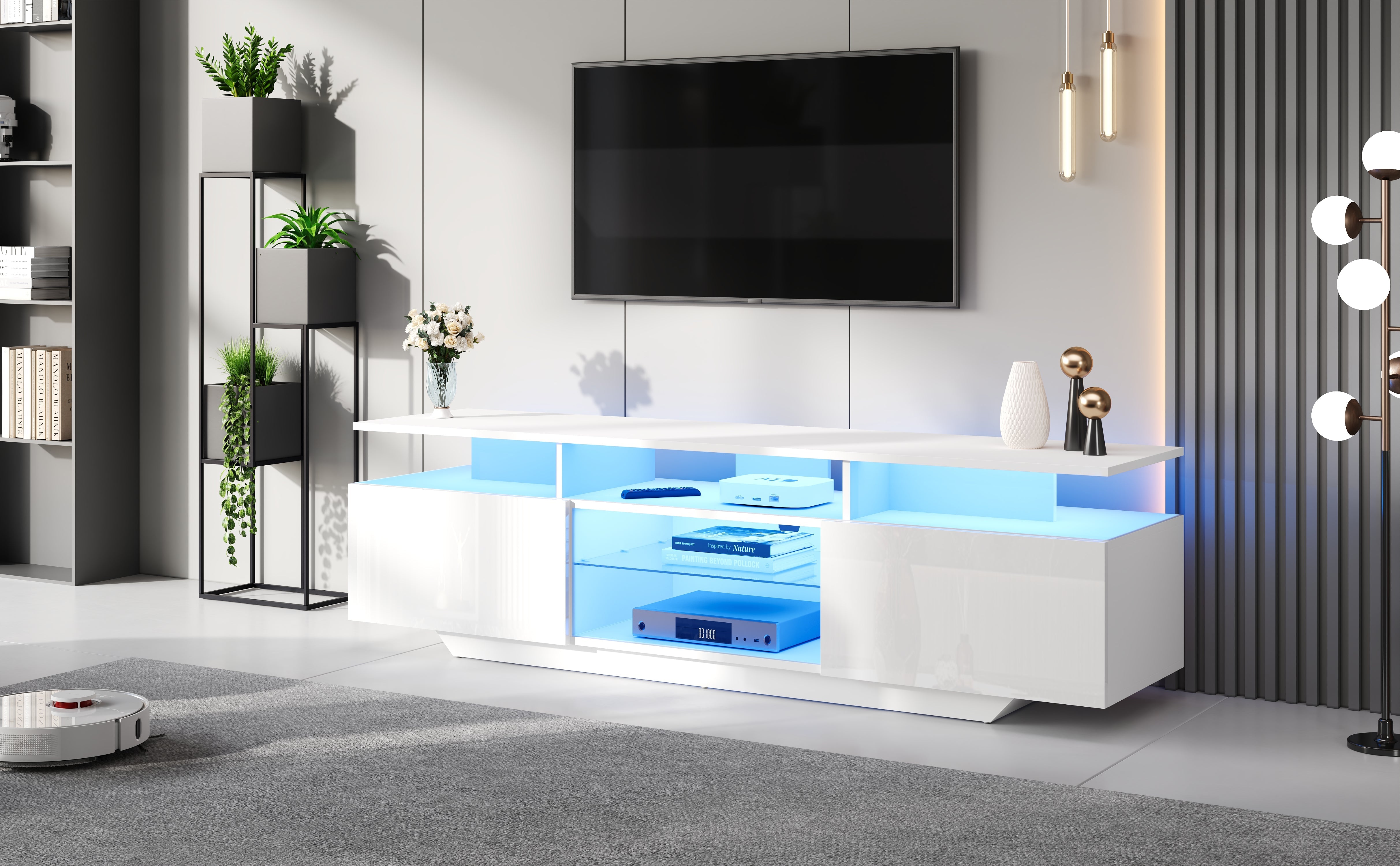 Logidon TV-meubel hoogglans wit 160 x 40 x 45 cm met LED lichtstrip glasplanken