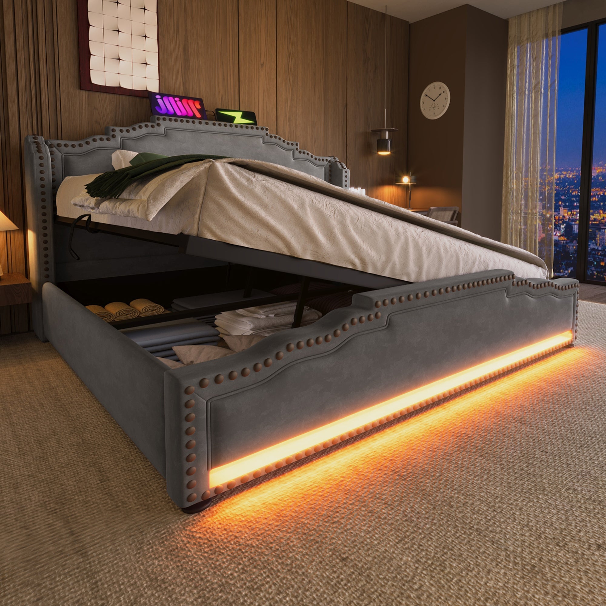 Logidon gestoffeerd bed 140x200 met hydraulische opbergruimte LED USB-C grijs