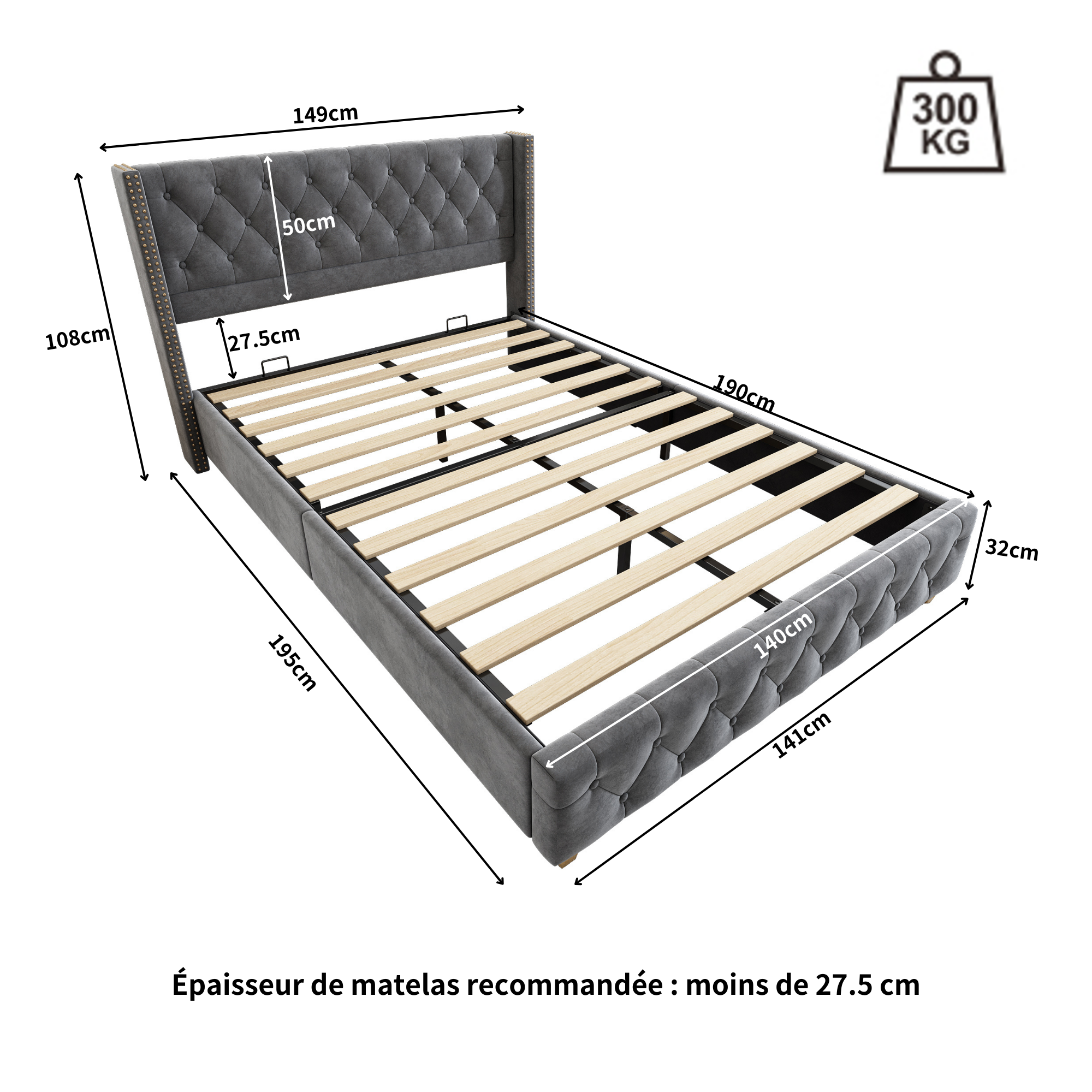 Logidon gestoffeerd bed 140x190 cm veloursgrijs, lattenbodem, hoofdeinde