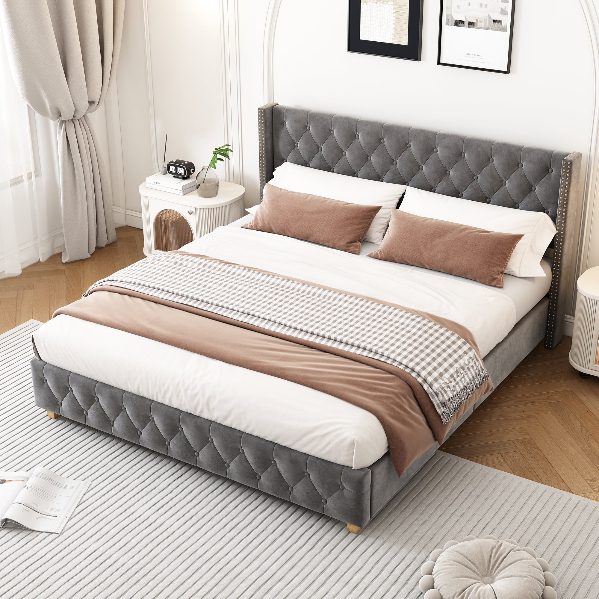 Logidon gestoffeerd bed 140x190 cm veloursgrijs, lattenbodem, hoofdeinde
