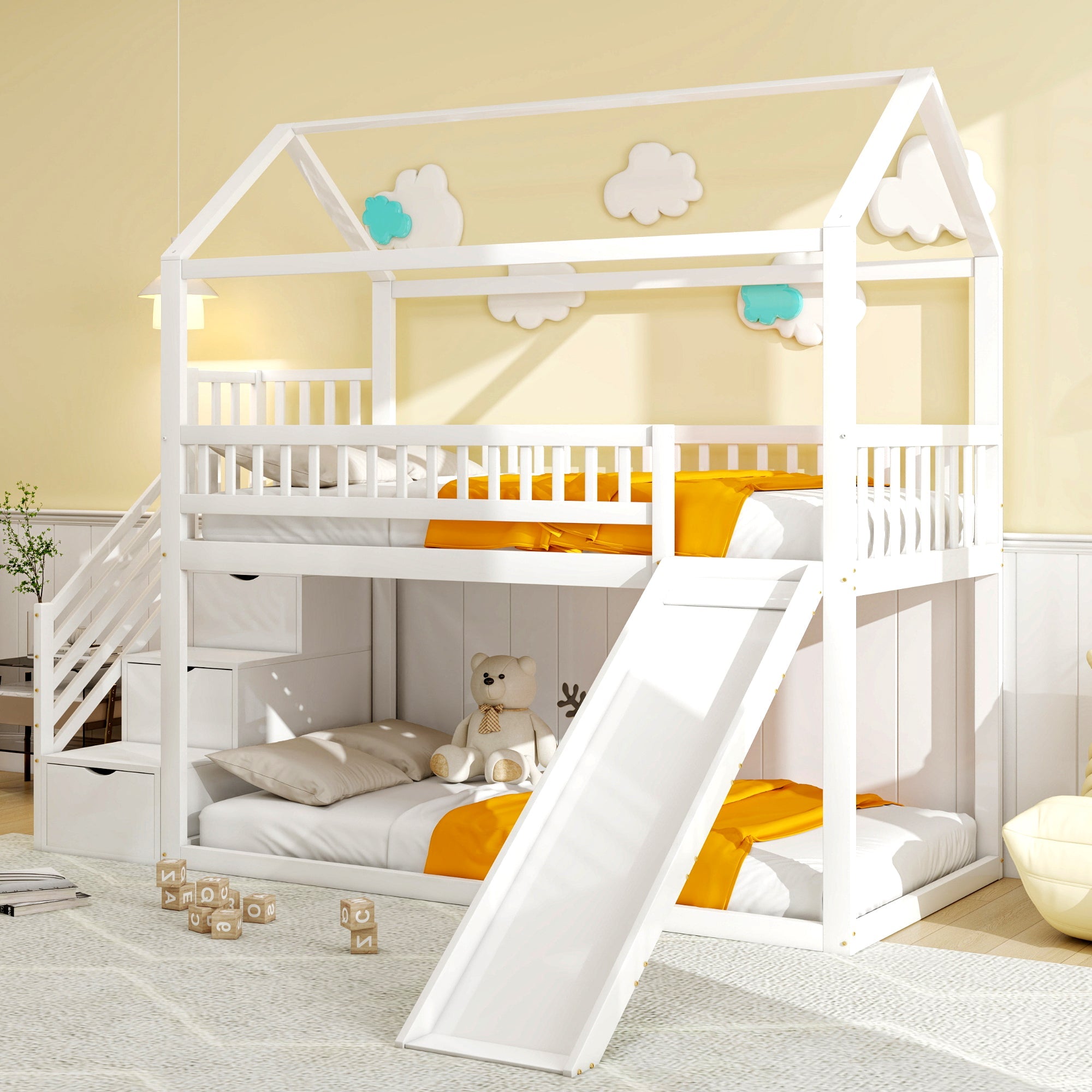Logidon hoogslaper kinderstapelbed 90x200 wit glijbaan met opbergladder