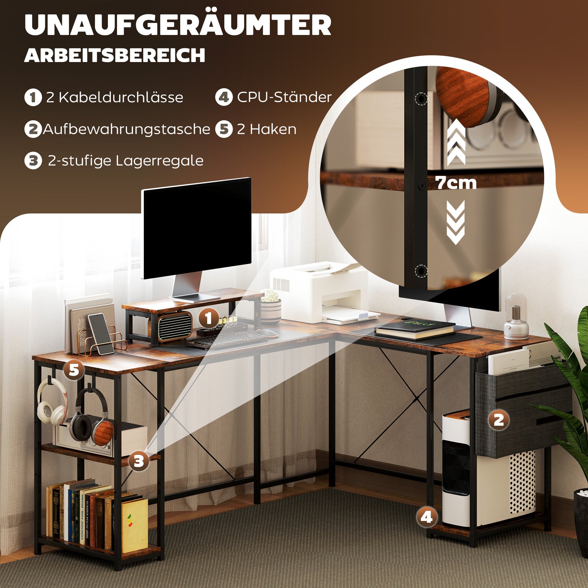 Logidon L-vormig bureau 168x120 cm rustiek bruine monitorstandaard