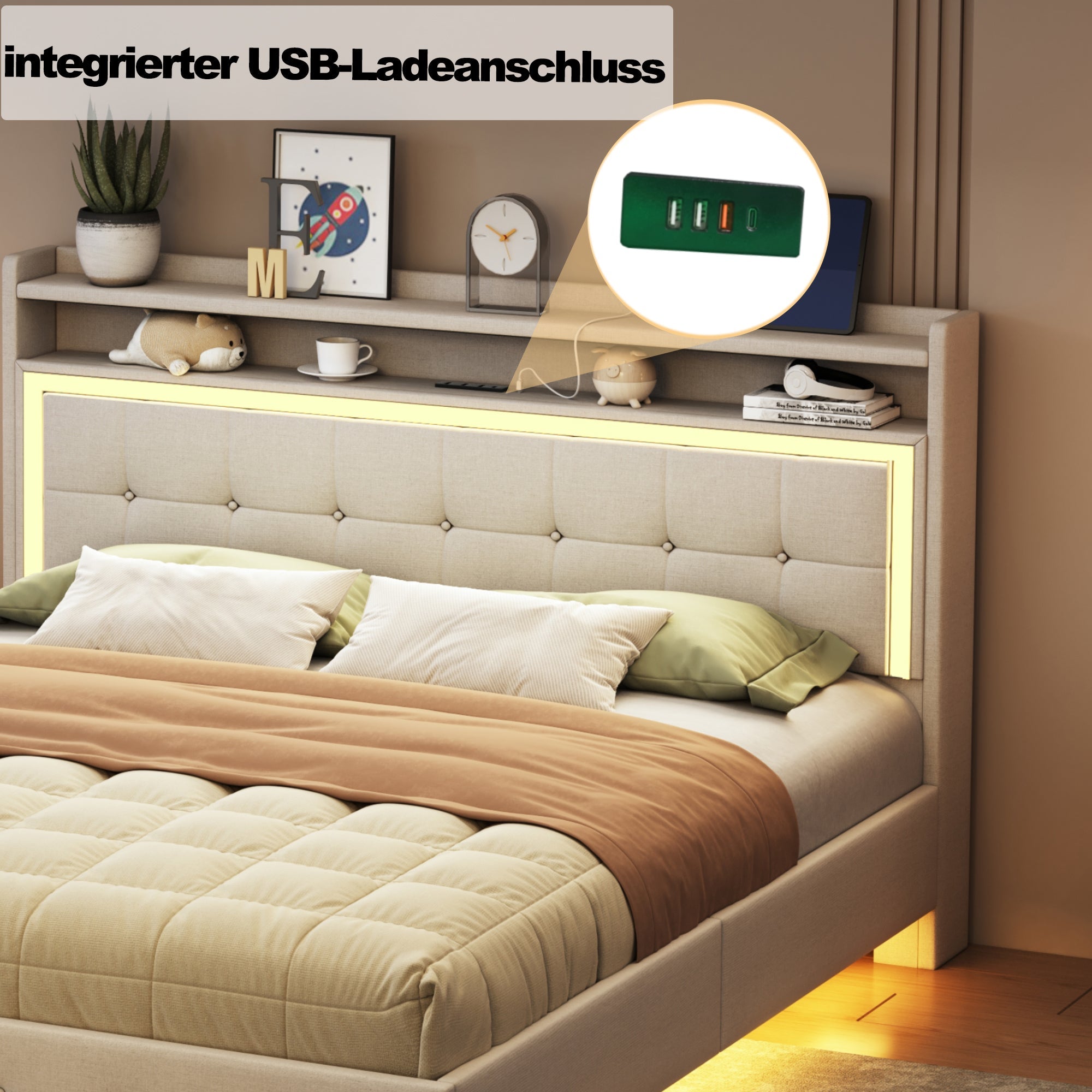 Logidon gestoffeerd bed 140x200 beige linnen met USB-aansluiting LED-verlichting