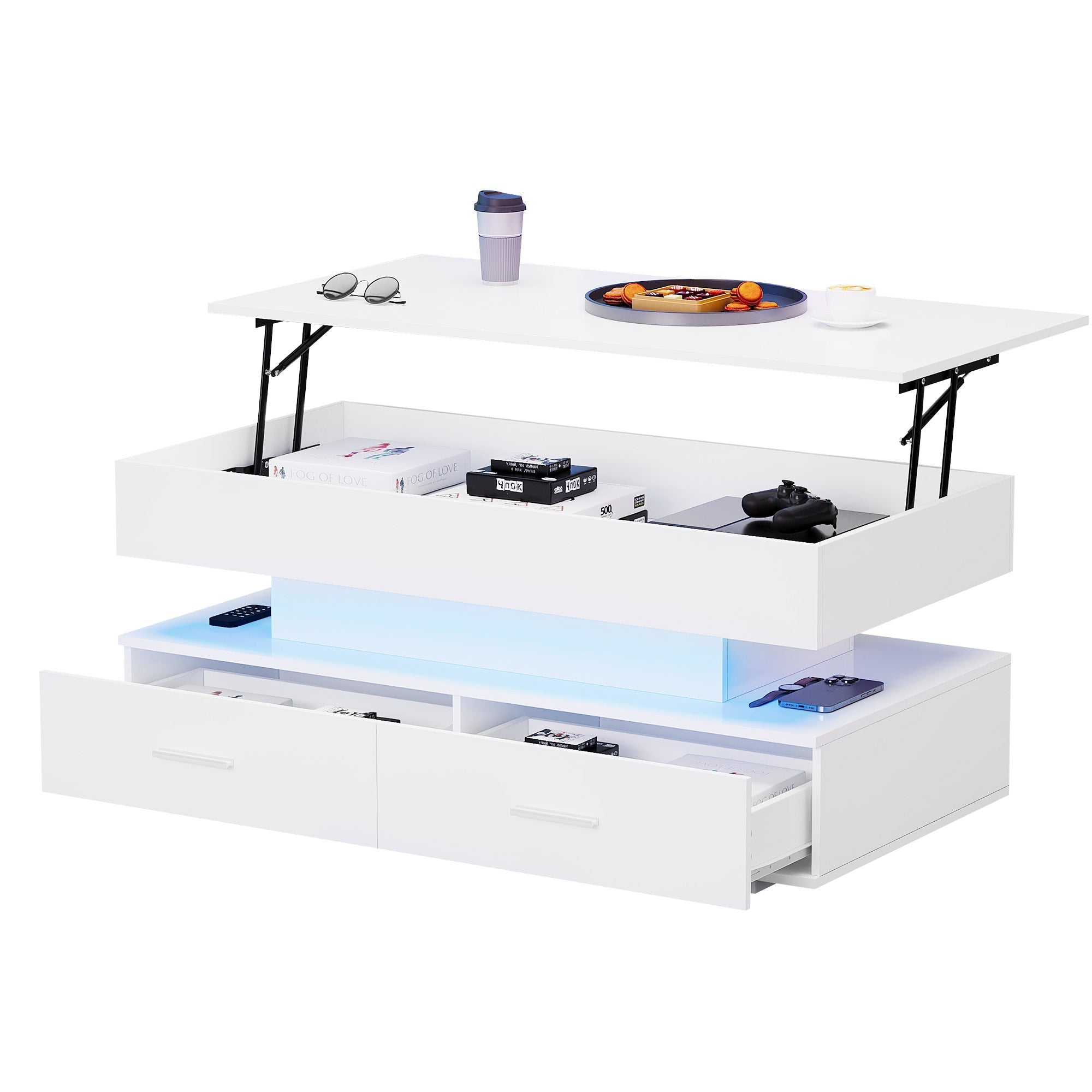 Logidon Hydraulisch in hoogte verstelbare salontafel 100x50x44 cm Wit LED