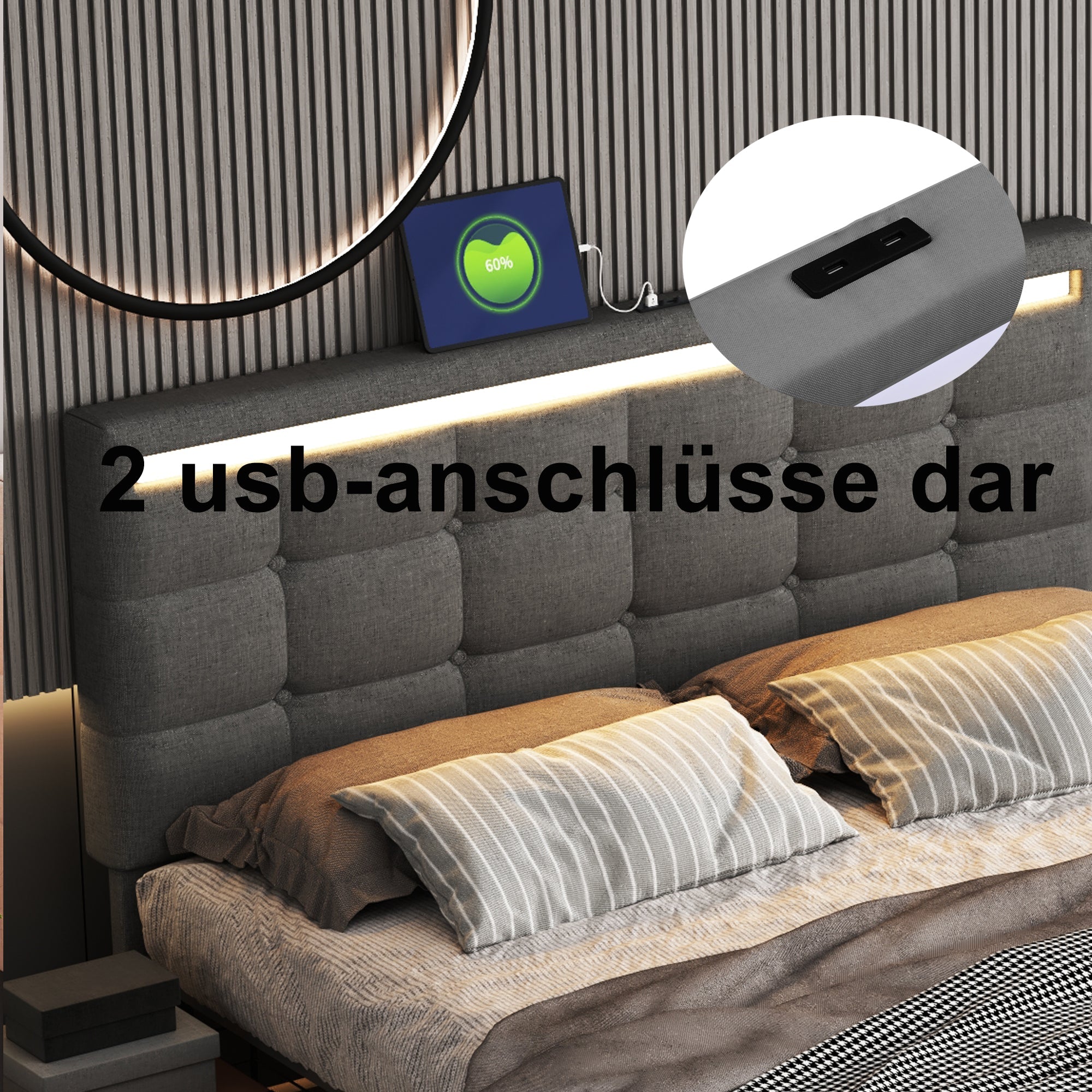 Logidon gestoffeerd bed 140x200 cm grijs LED opbergruimte USB 4 lades