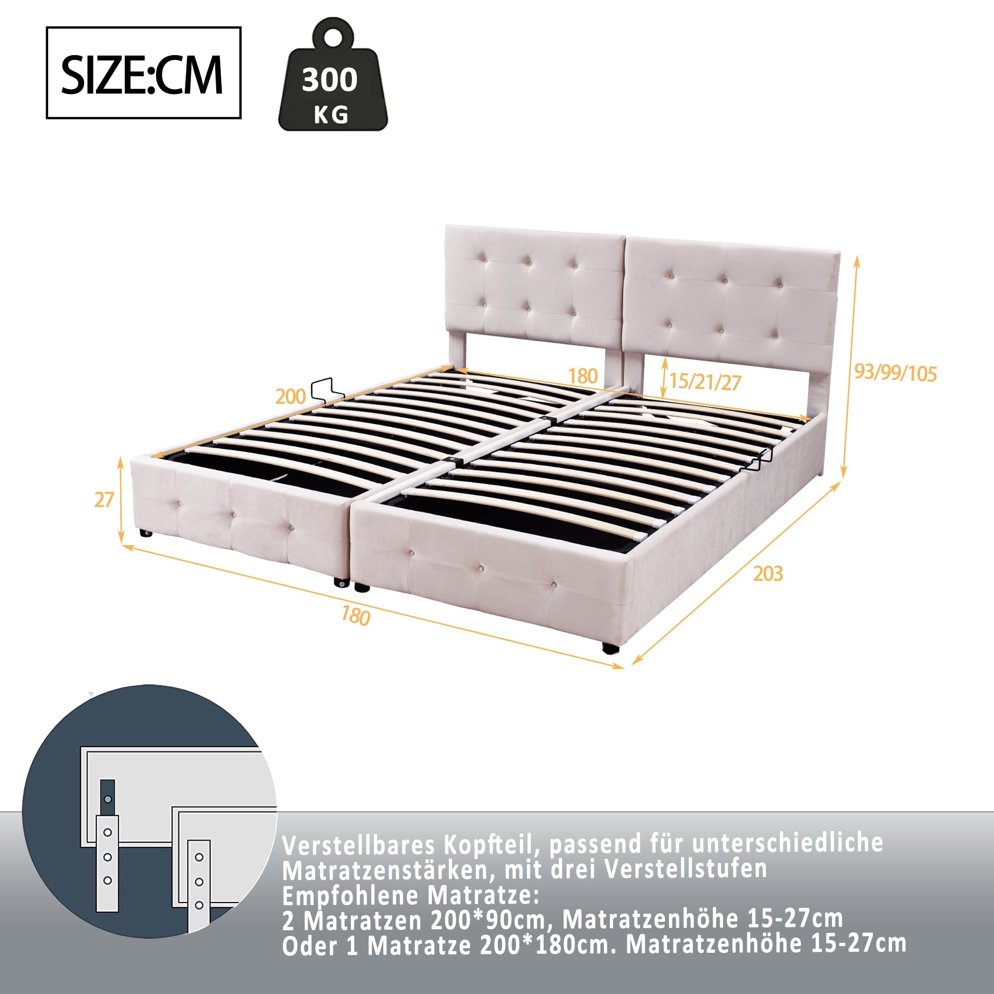 Logidon gestoffeerd bed 180x200 cm hydraulisch opbergbed beige