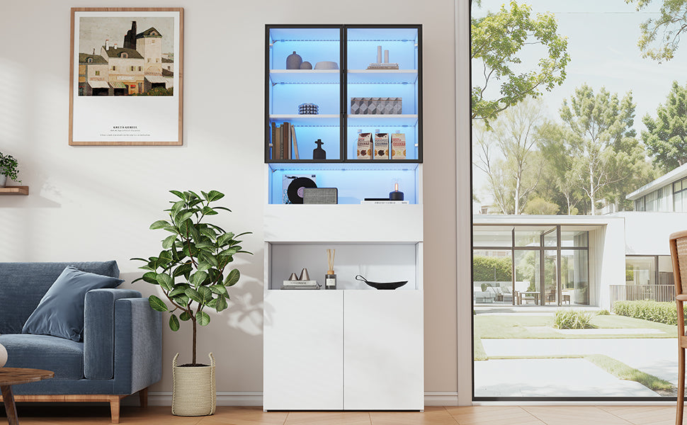 Logidon vitrinekast 70x30x200 cm witte LED glazen vitrinekast met lade