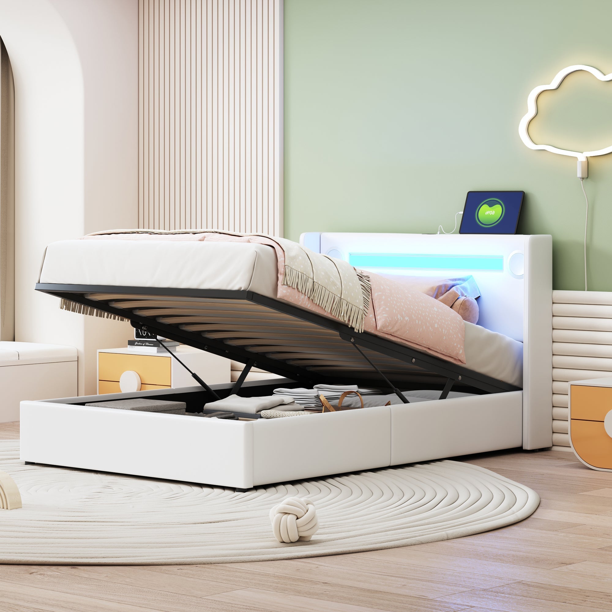 Logidon gestoffeerd bed 90x200 hoogslaper met LED lichtstrip USB wit