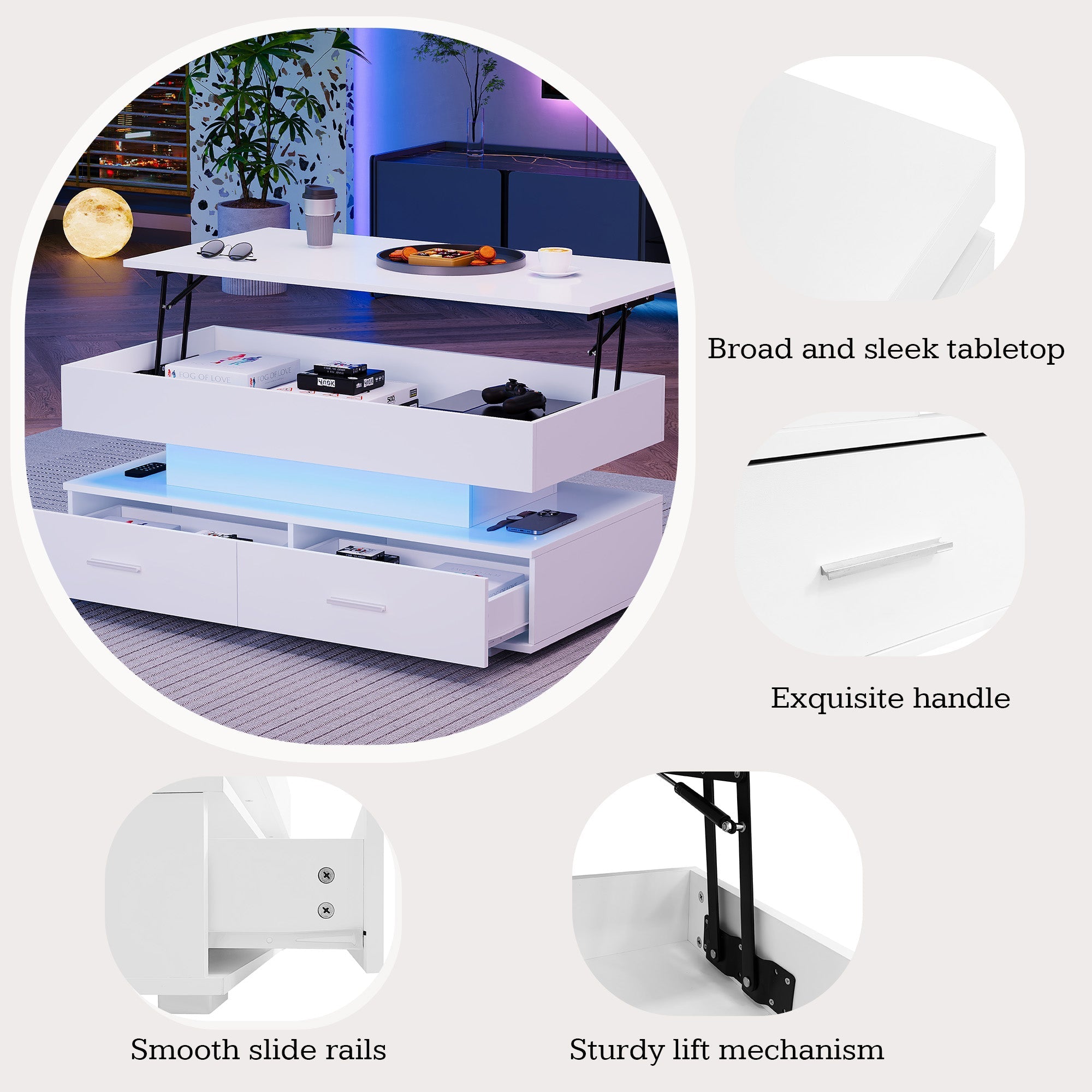 Logidon Hydraulisch in hoogte verstelbare salontafel 100x50x44 cm Wit LED