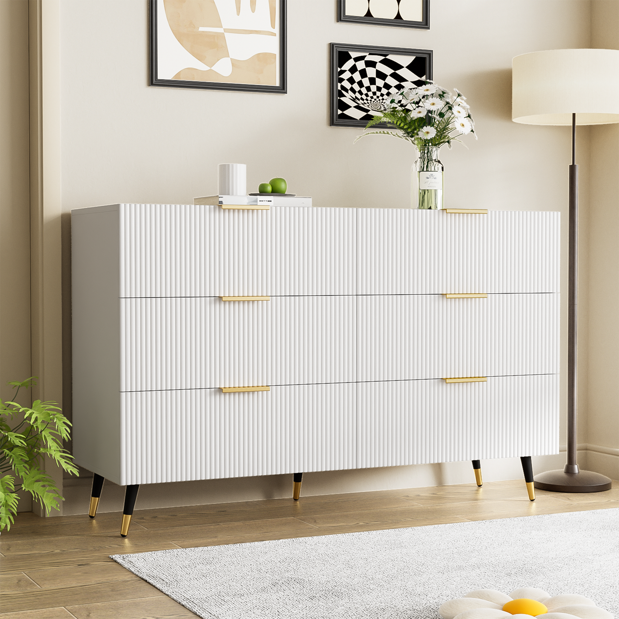 Logidon Elegant sideboard white 120x40x77 cm 6 drawers gold accents
