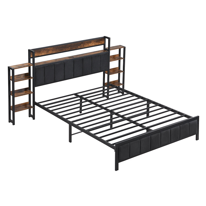 Logidon metalen bed 140x200 met opbergruimte USB-poorten zwart walnoot