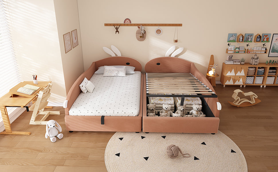Logidon gestoffeerd bed 90x200 cm roze fluwelen konijn hoofdbord met opbergruimte