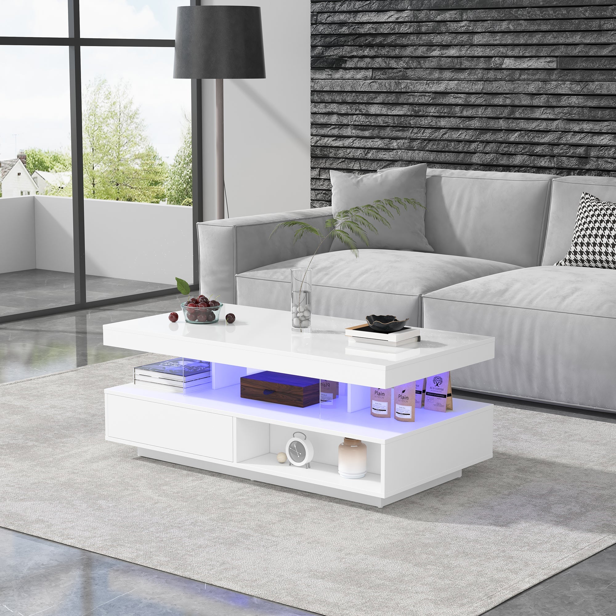 Logidon Witte Hoogglans Salontafel 95x50 cm Met Glazen Bladen