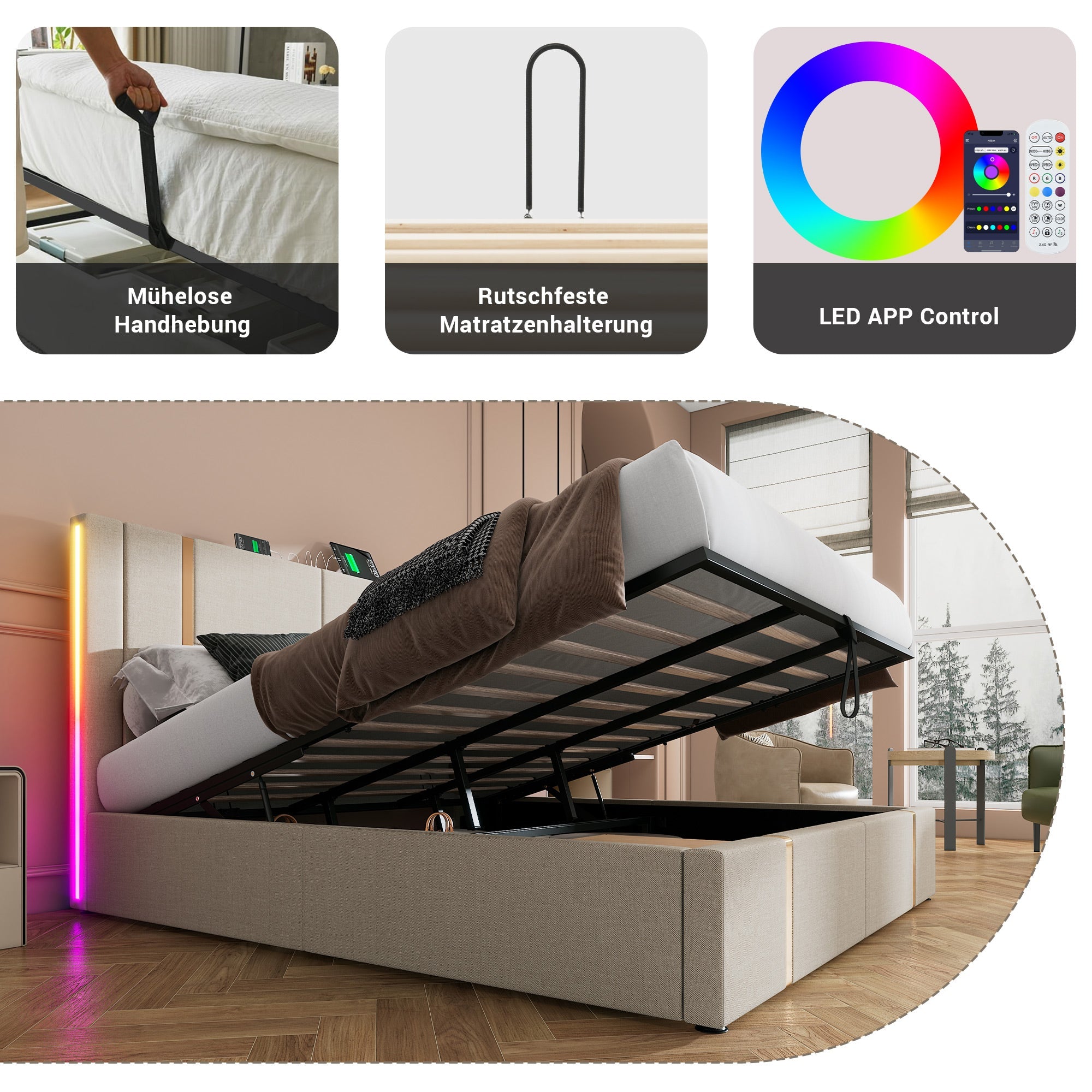 Logidon upholstered bed double bed 180x200 USB-C charging function beige storage space