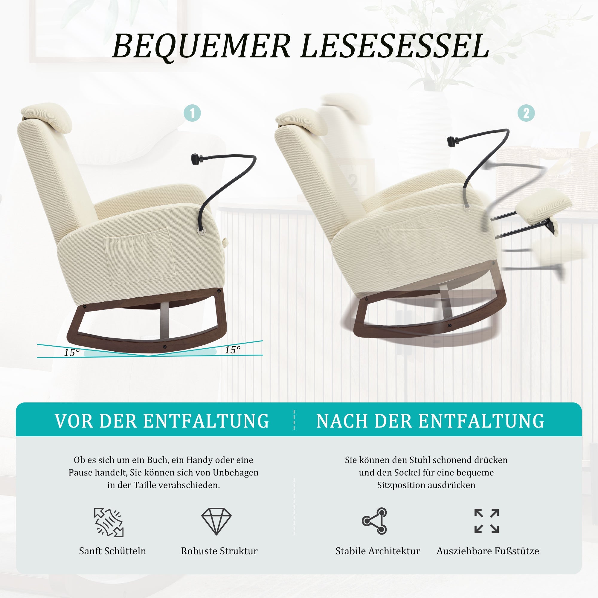 Logidon Multifunctionele Schommelstoel Beige Koordhoes Hoofdsteun