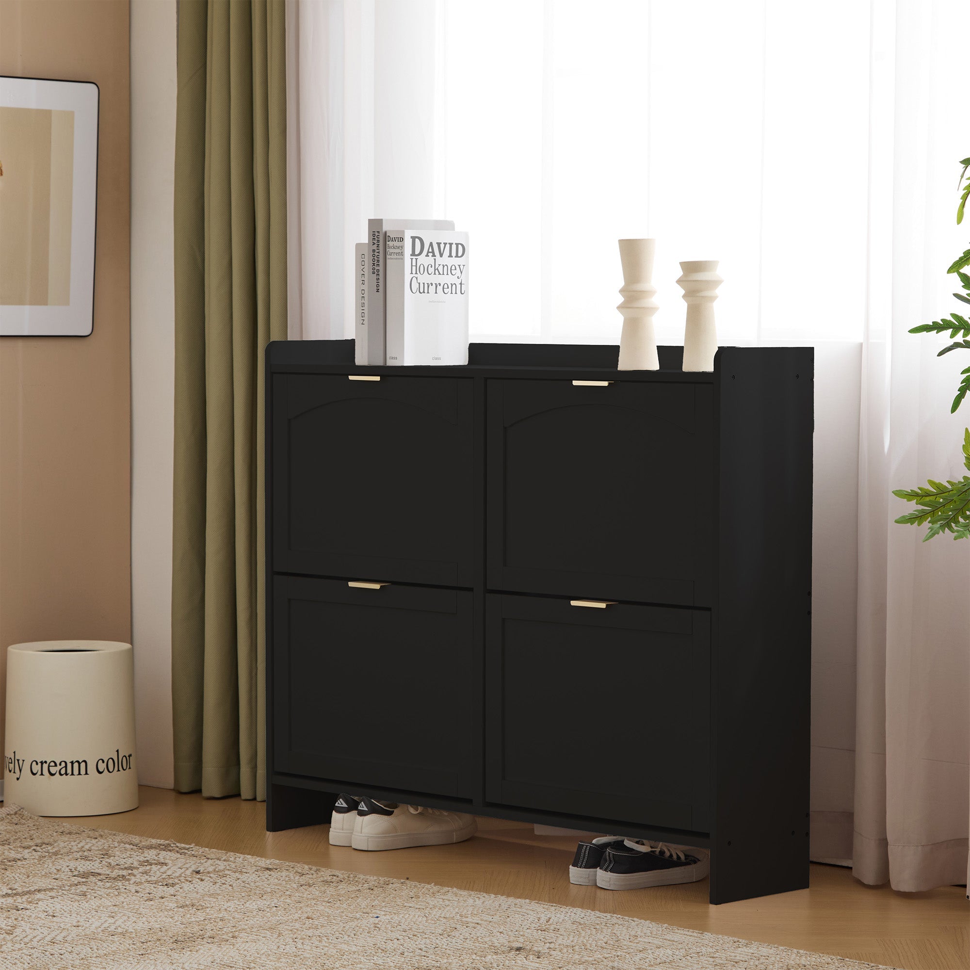 Logidon Moderne Schoenenkast Met 4 Kleppen Zwart 110 x 24 x 90 cm
