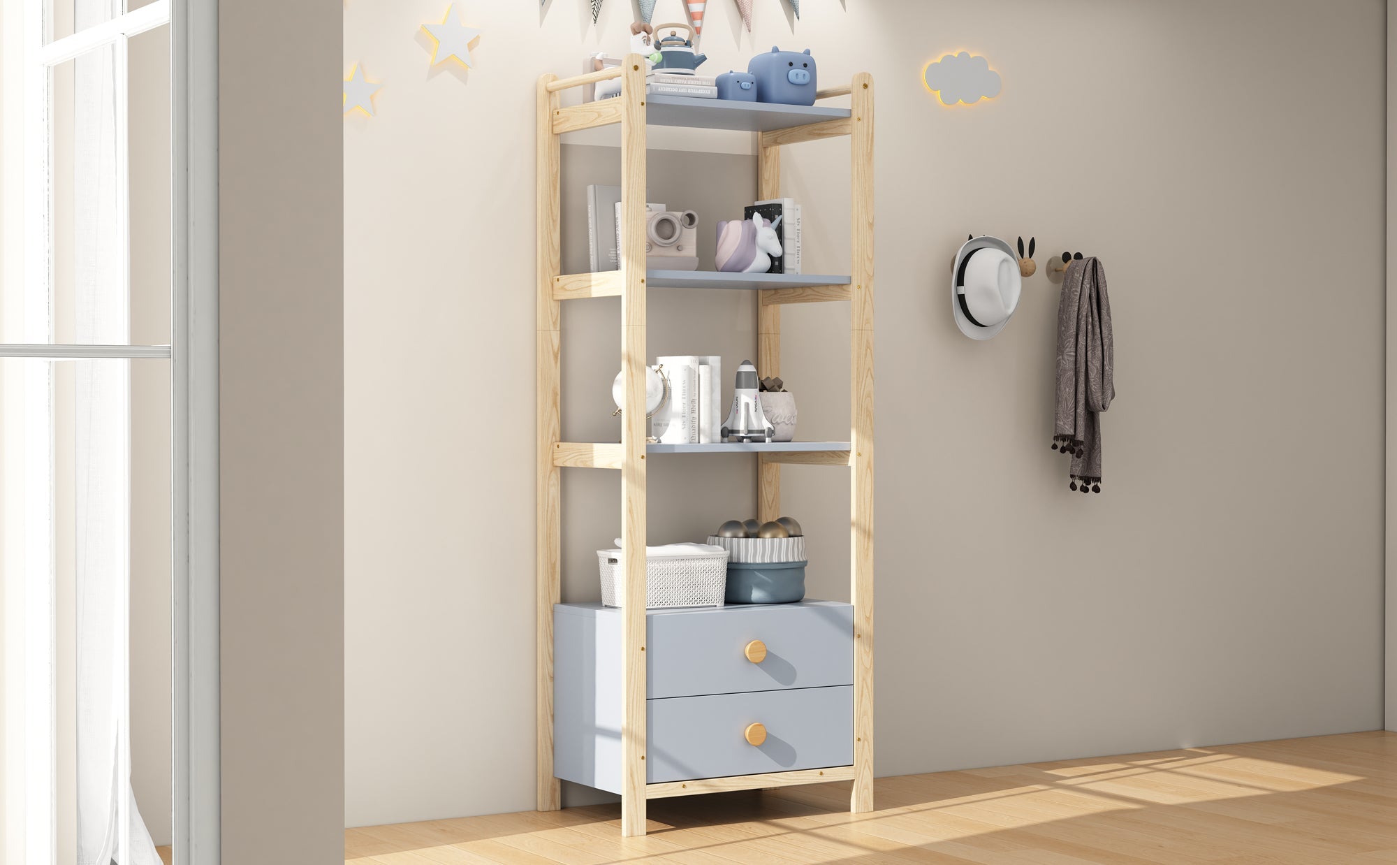 Logidon staande plank blauw naturel hout 2 lades 4 niveaus 70x44x180