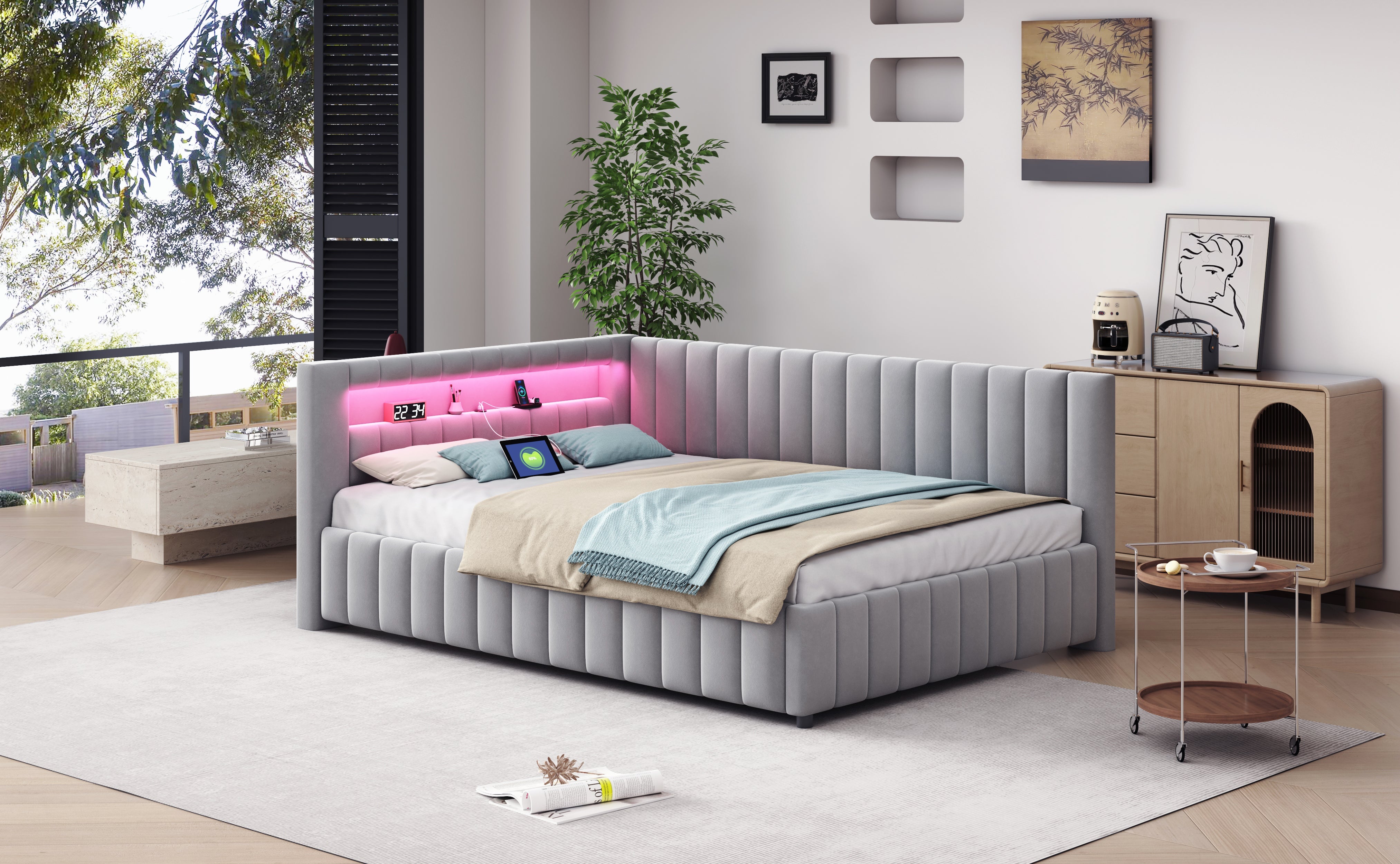 Logidon sofa bed 140x200 gray with LED light and USB charging port