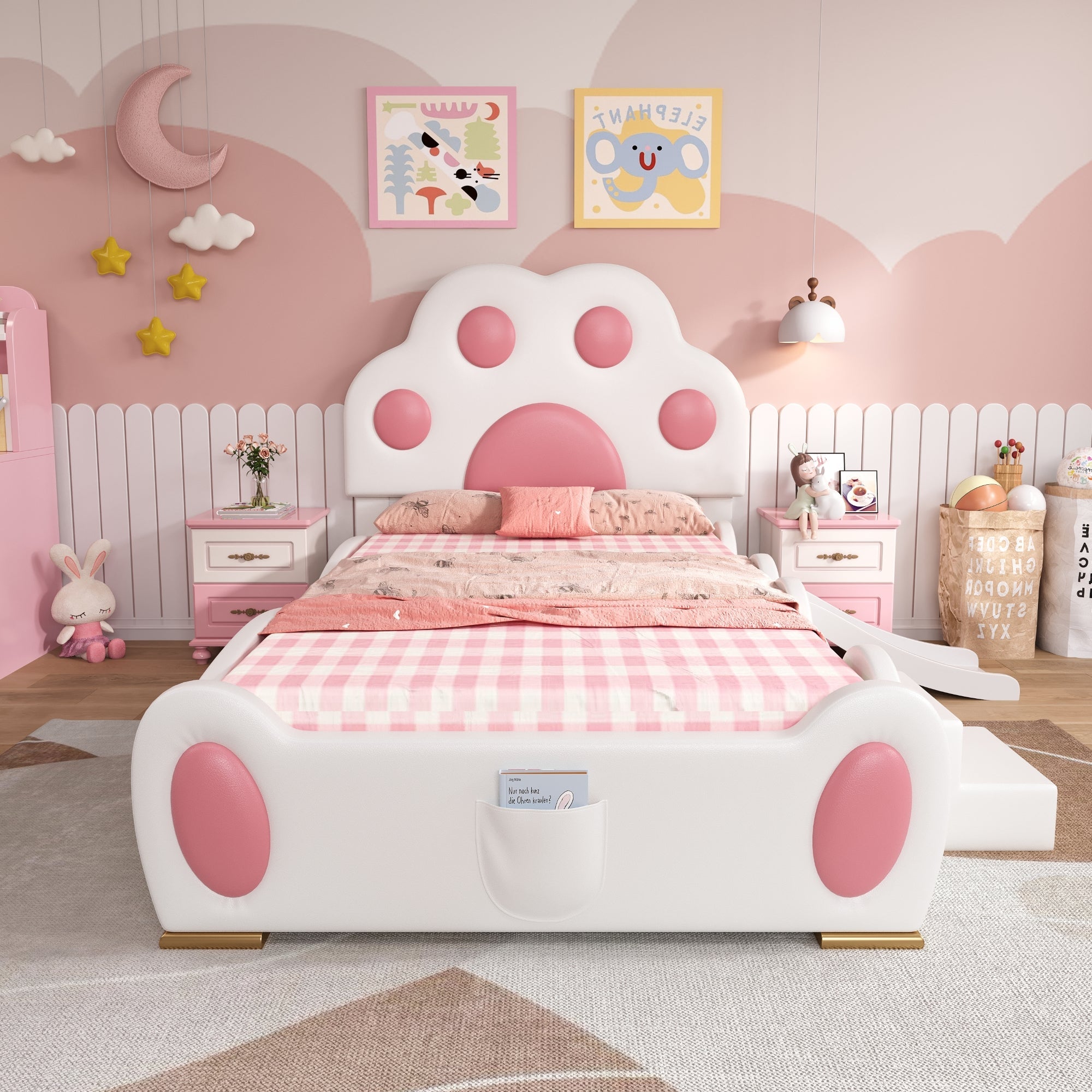 Logidon gestoffeerd bed 90x200 cm wit roze met kattenpoot hoofdeinde