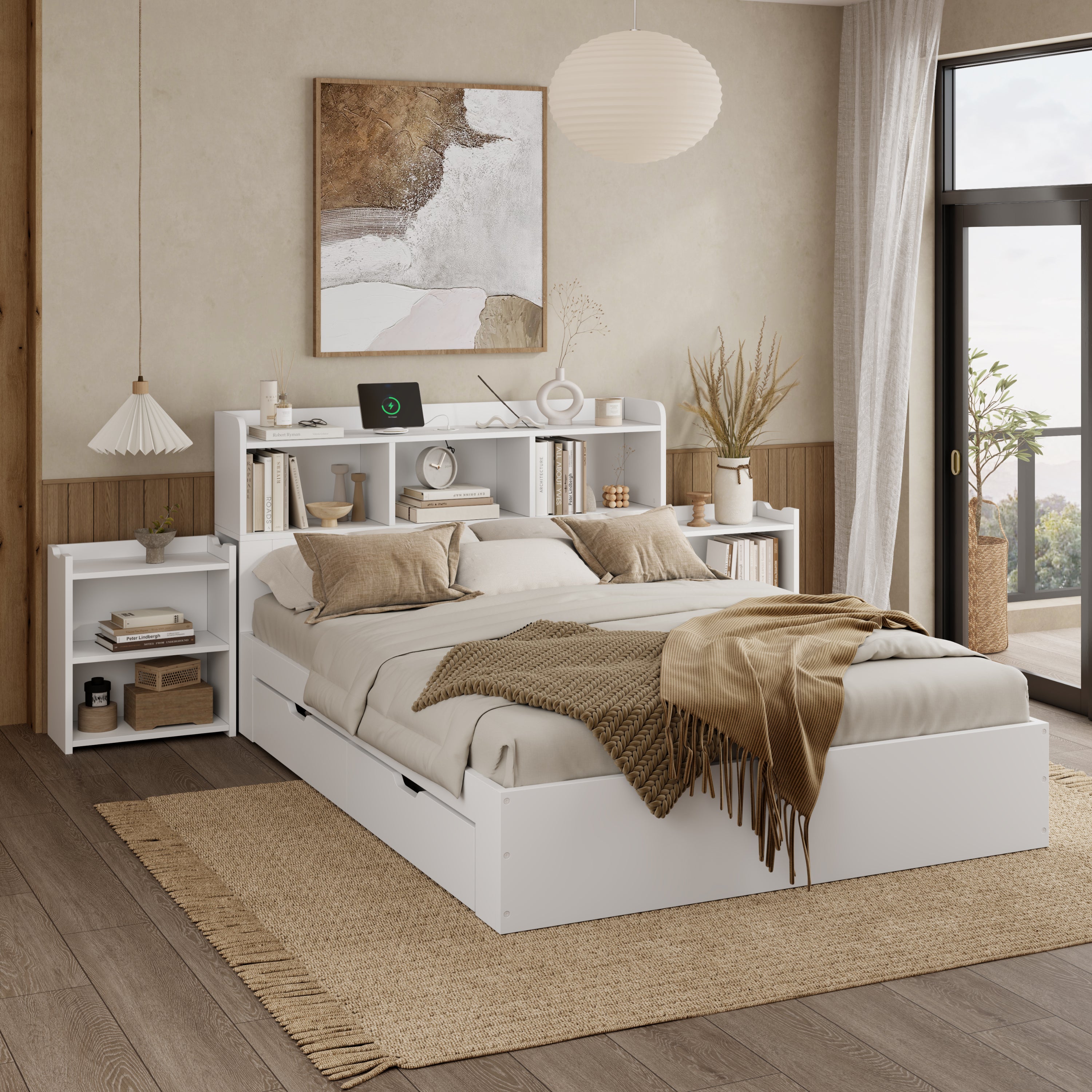 Logidon tweepersoonsbed 140x200 wit met lattenbodem uitschuifbare nachtkastjes