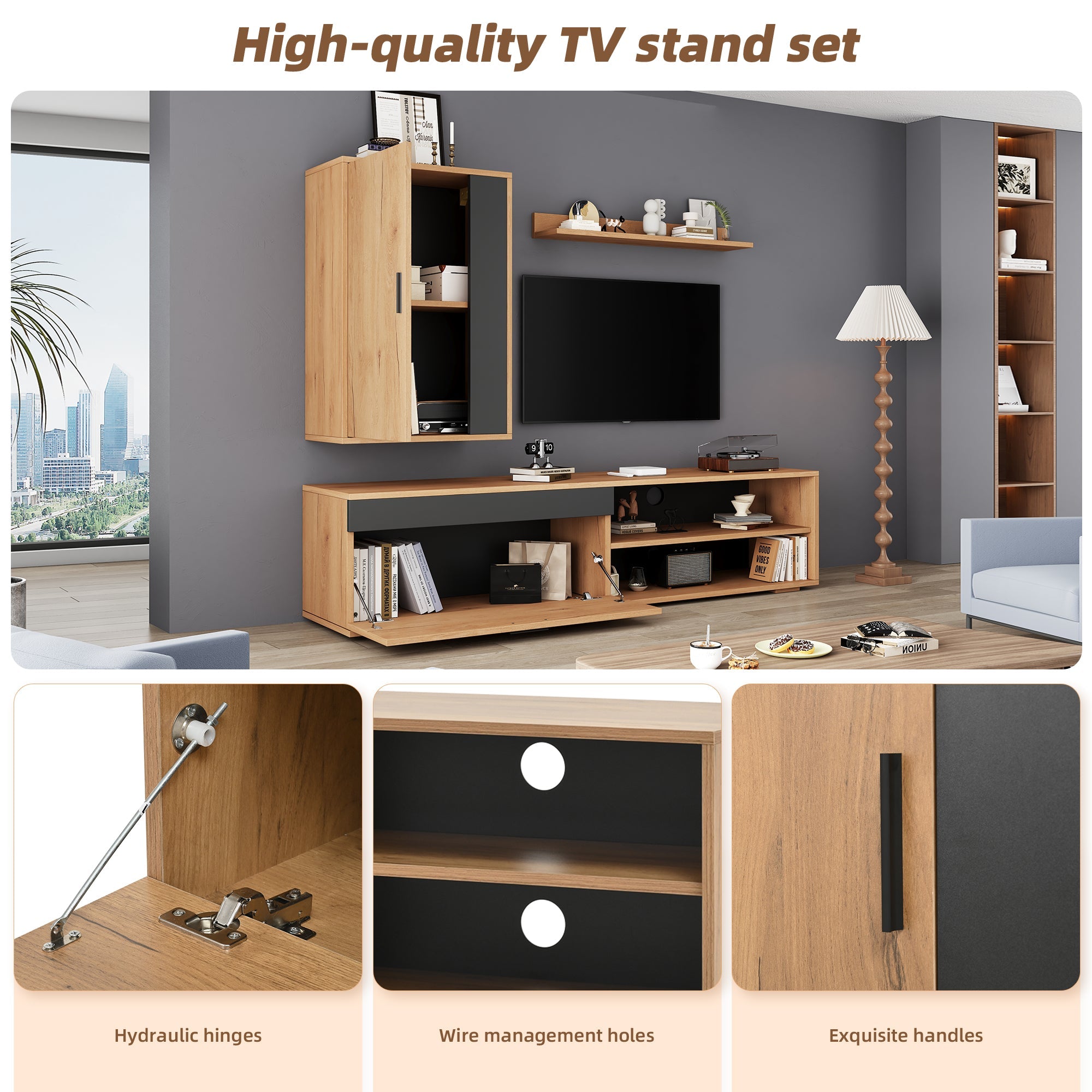 Logidon TV wandmeubelset 140 cm driedelig hout zwart