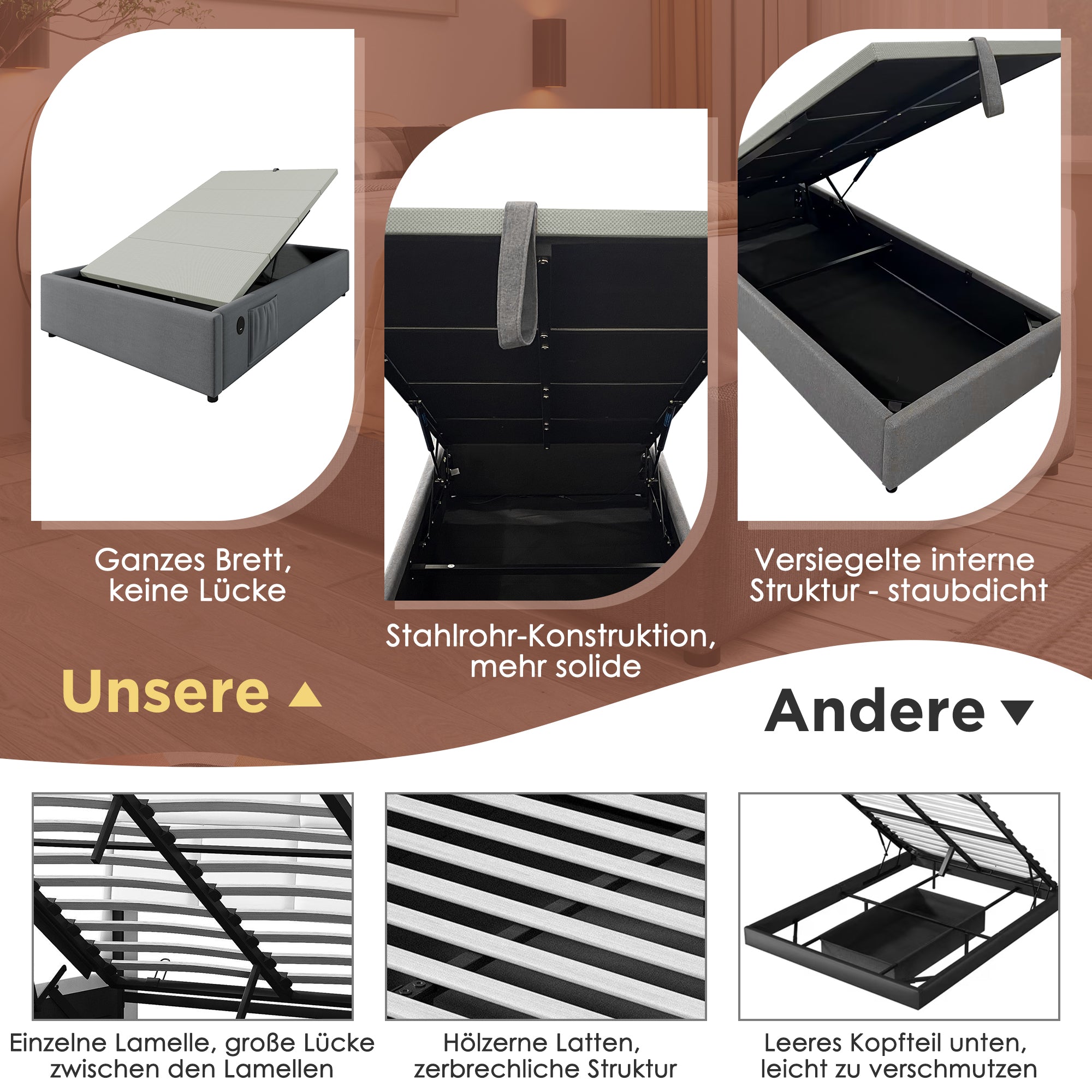 Logidon gestoffeerd bed 90x200 cm grijs met USB-C oplaadfunctie zonder hoofdeinde